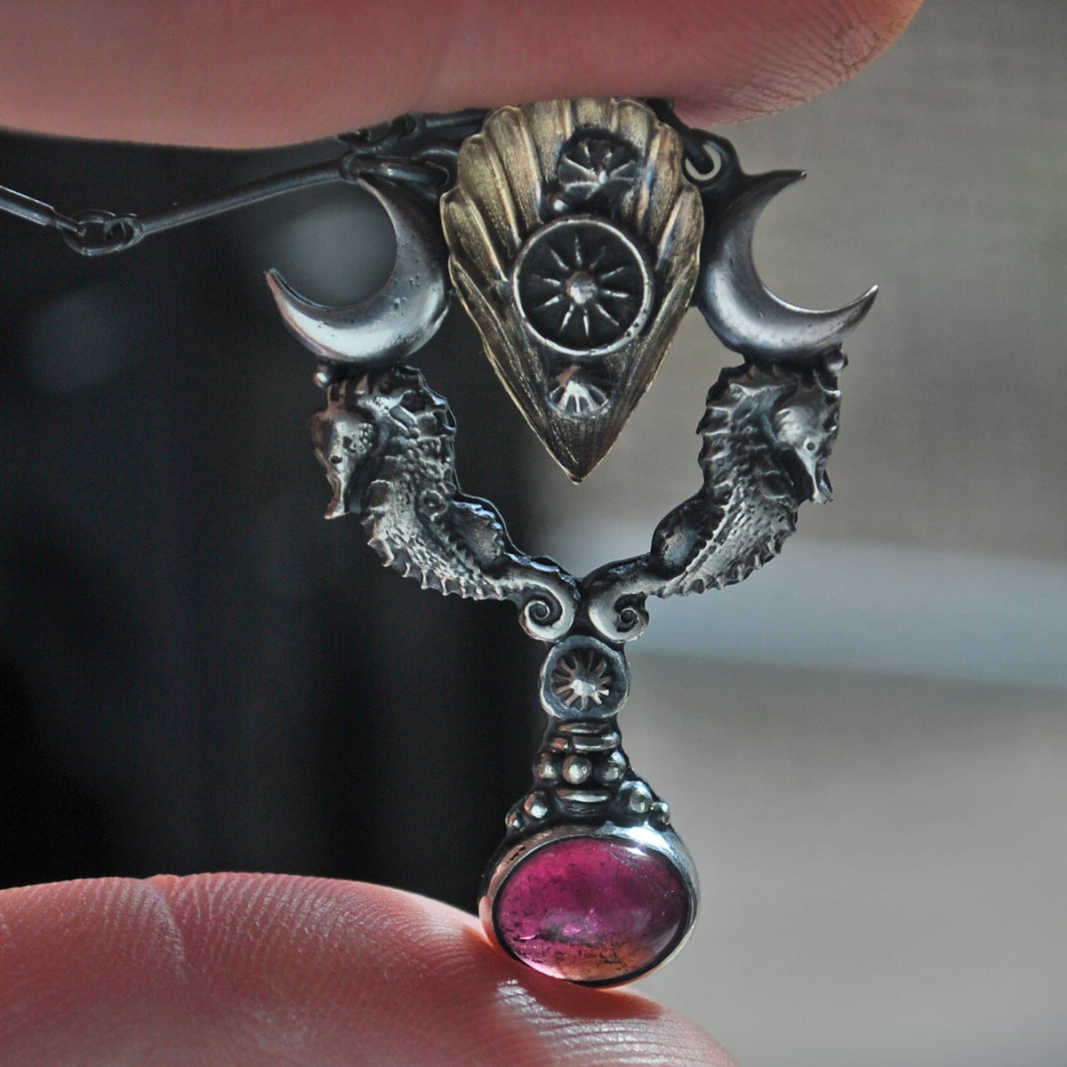 Royal Seahorse Necklace, Rich Rubellite Tourmaline