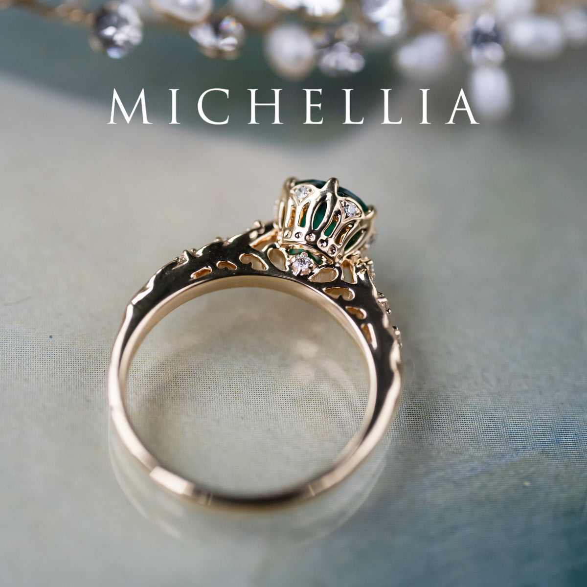 [Eliora] Vintage Regency Crown Solitaire Emerald Engagement Ring, Ready-to-Ship