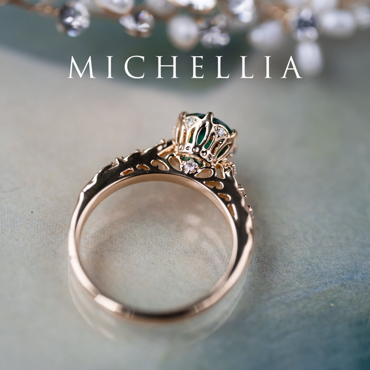 [Eliora] Vintage Regency Crown Solitaire Emerald Engagement Ring, Ready-to-Ship