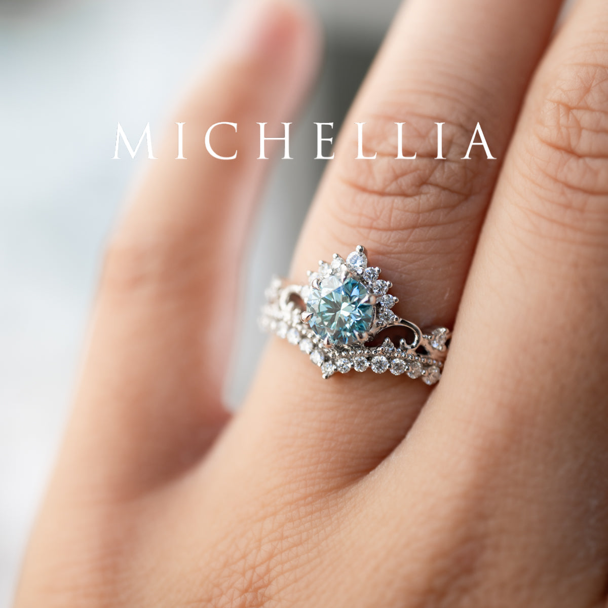 [Theia] IGI Certified Sky Blue Diamond Heirloom Crown Engagement Ring, 18K White Gold - One of A Kind & Ready-to-Ship