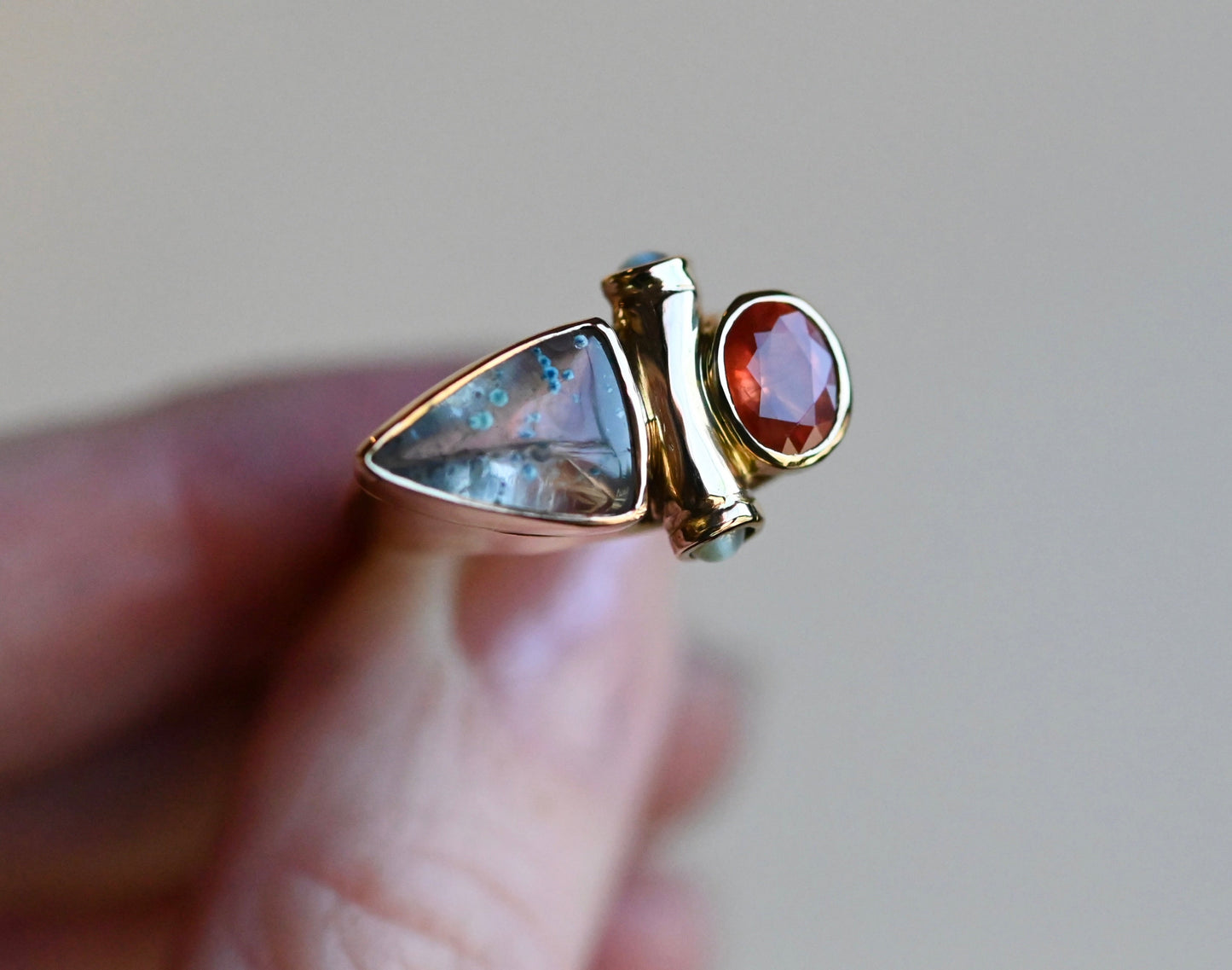 14k Gold Paraiba in Quartz, Garnet & Cats Eye Chrysoberyl Ring - size 7.75/8 - Ready to ship