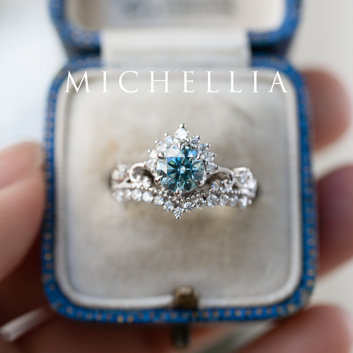 [Theia] IGI Certified Sky Blue Diamond Heirloom Crown Engagement Ring, 18K White Gold - One of A Kind & Ready-to-Ship