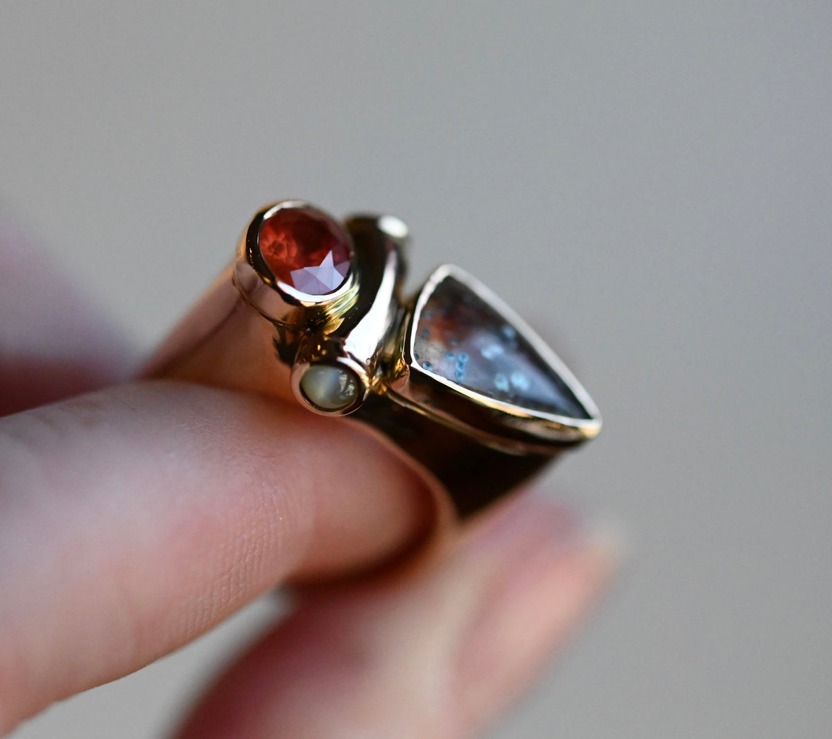 14k Gold Paraiba in Quartz, Garnet & Cats Eye Chrysoberyl Ring - size 7.75/8 - Ready to ship