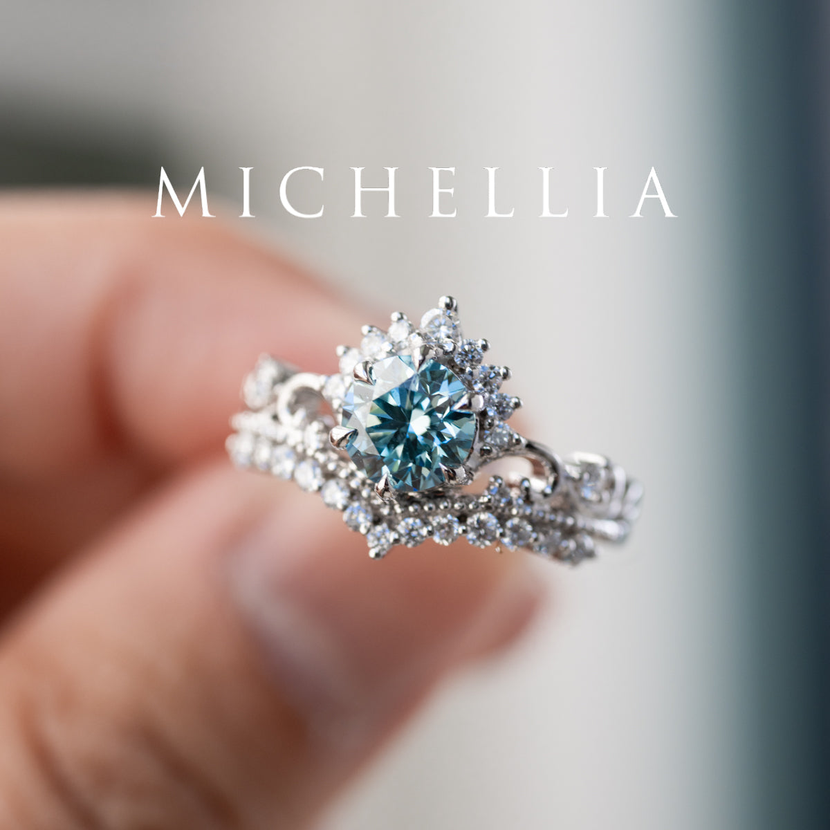 [Theia] IGI Certified Sky Blue Diamond Heirloom Crown Engagement Ring, 18K White Gold - One of A Kind & Ready-to-Ship