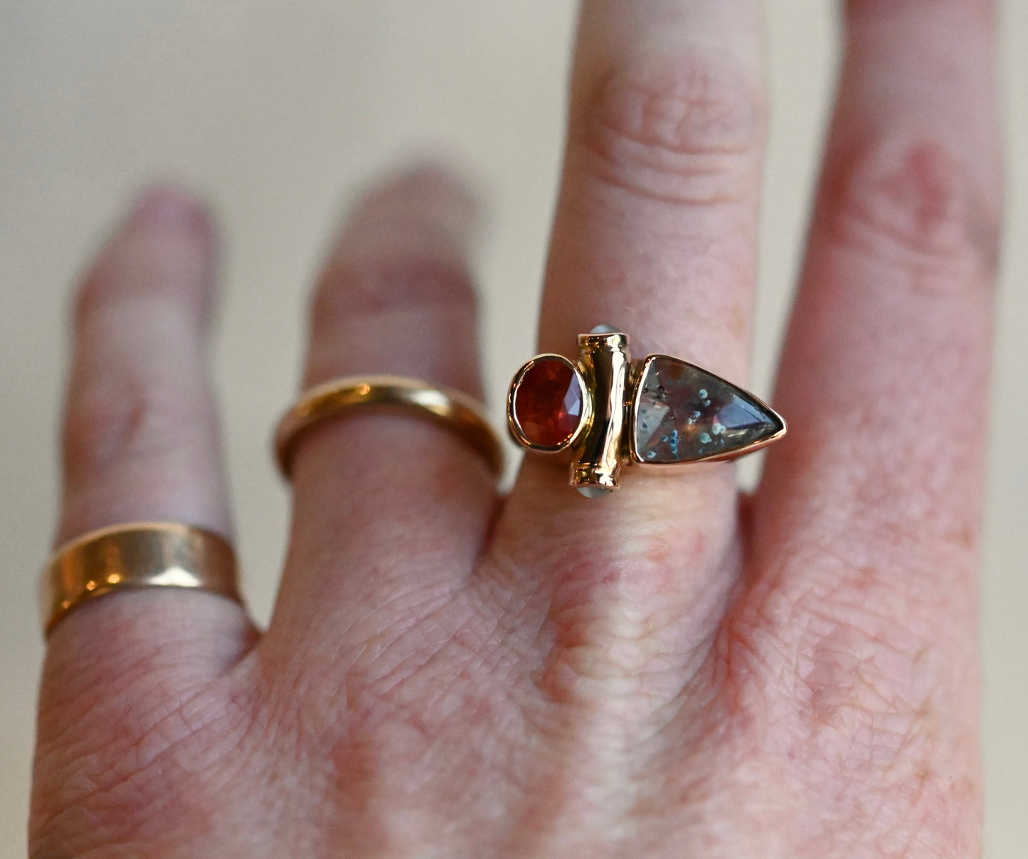14k Gold Paraiba in Quartz, Garnet & Cats Eye Chrysoberyl Ring - size 7.75/8 - Ready to ship