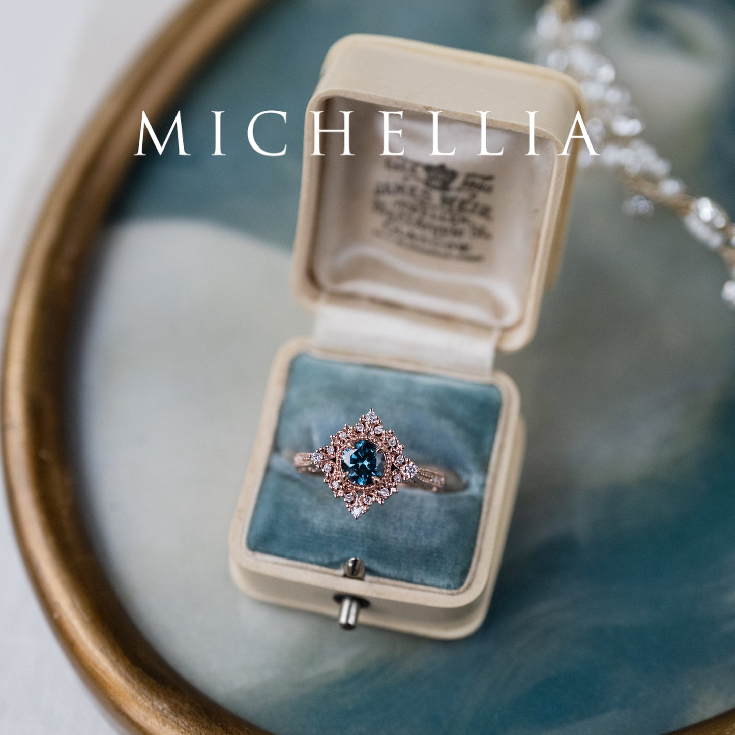 [Henrietta] IGI Certified Teal Blue Diamond Belle Époque Vintage Engagement Ring, One of A Kind
