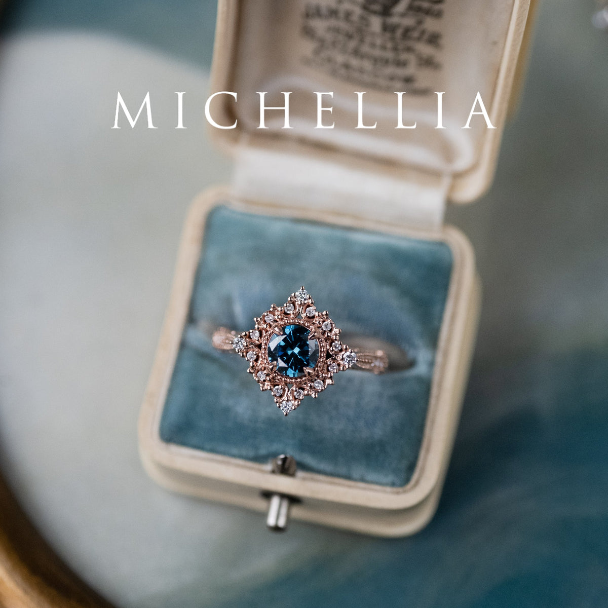 [Henrietta] IGI Certified Teal Blue Diamond Belle Époque Vintage Engagement Ring, One of A Kind