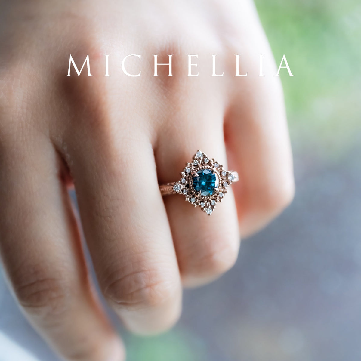 [Henrietta] IGI Certified Teal Blue Diamond Belle Époque Vintage Engagement Ring, One of A Kind