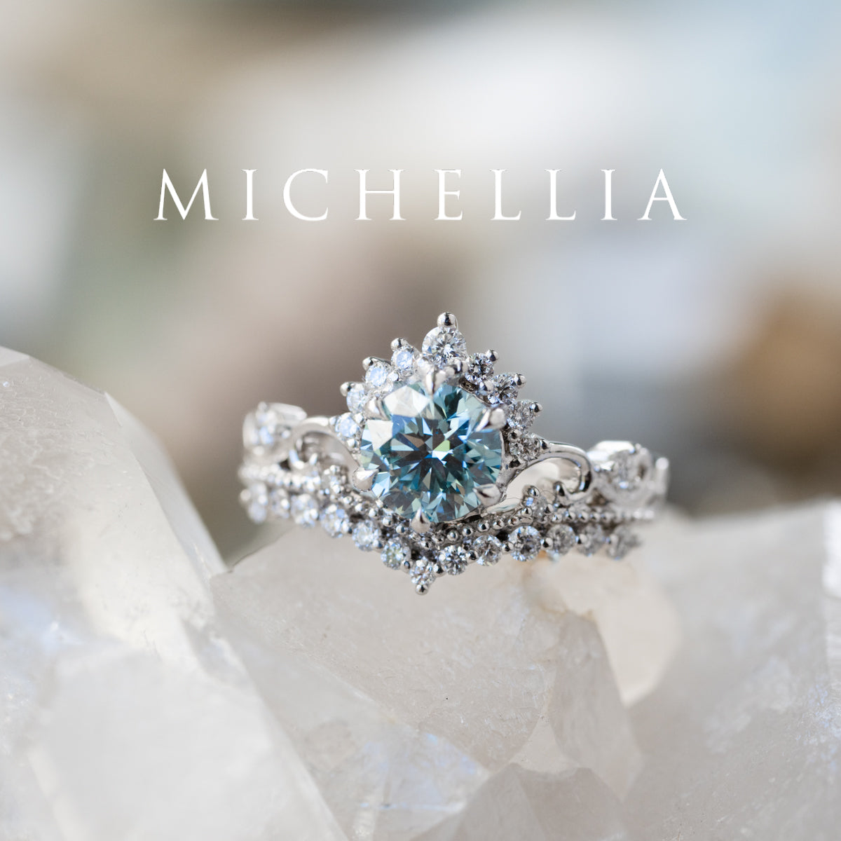 [Theia] IGI Certified Sky Blue Diamond Heirloom Crown Engagement Ring, 18K White Gold - One of A Kind & Ready-to-Ship