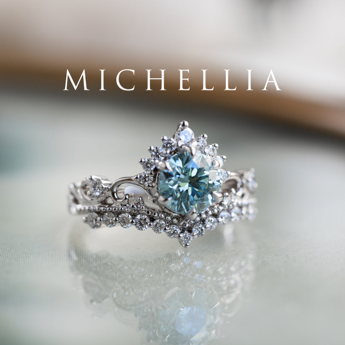 [Theia] IGI Certified Sky Blue Diamond Heirloom Crown Engagement Ring, 18K White Gold - One of A Kind & Ready-to-Ship