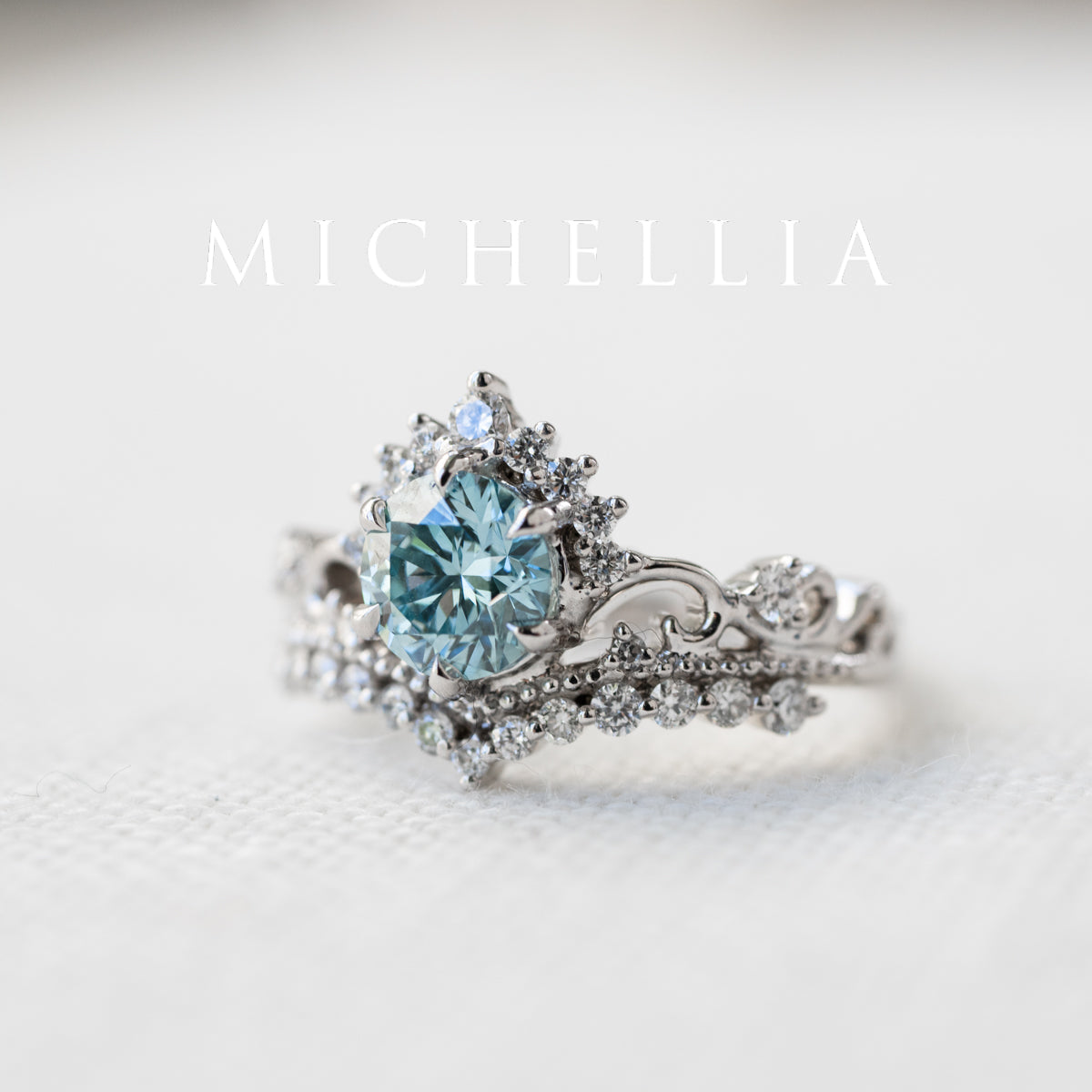 [Theia] IGI Certified Sky Blue Diamond Heirloom Crown Engagement Ring, 18K White Gold - One of A Kind & Ready-to-Ship