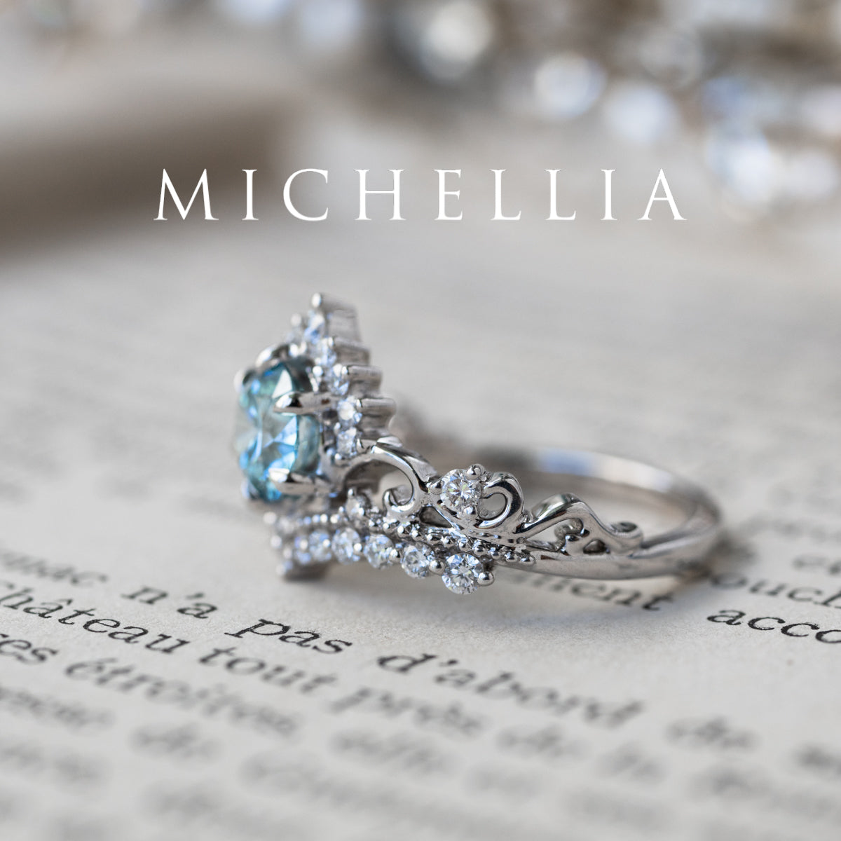 [Theia] IGI Certified Sky Blue Diamond Heirloom Crown Engagement Ring, 18K White Gold - One of A Kind & Ready-to-Ship