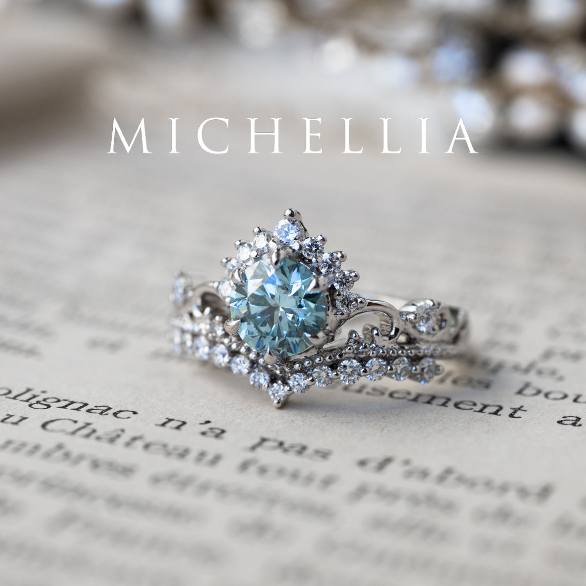 [Theia] IGI Certified Sky Blue Diamond Heirloom Crown Engagement Ring, 18K White Gold - One of A Kind & Ready-to-Ship