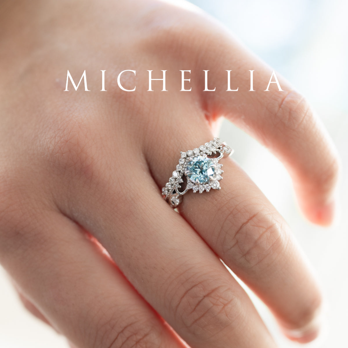 [Theia] IGI Certified Sky Blue Diamond Heirloom Crown Engagement Ring, 18K White Gold - One of A Kind & Ready-to-Ship