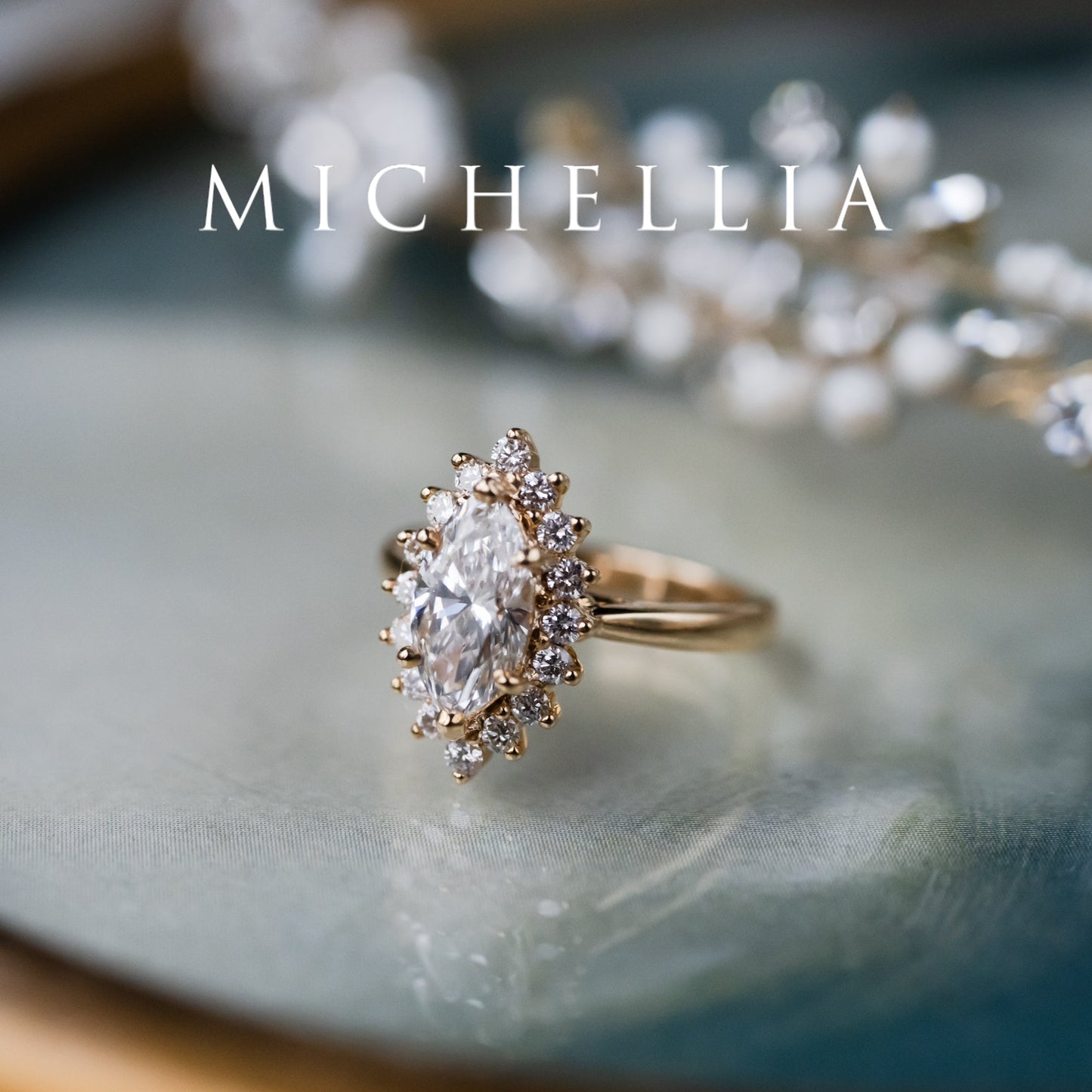 [Helena] Vintage Bloom Halo Marquise Engagement Ring in Diamond / Moissanite