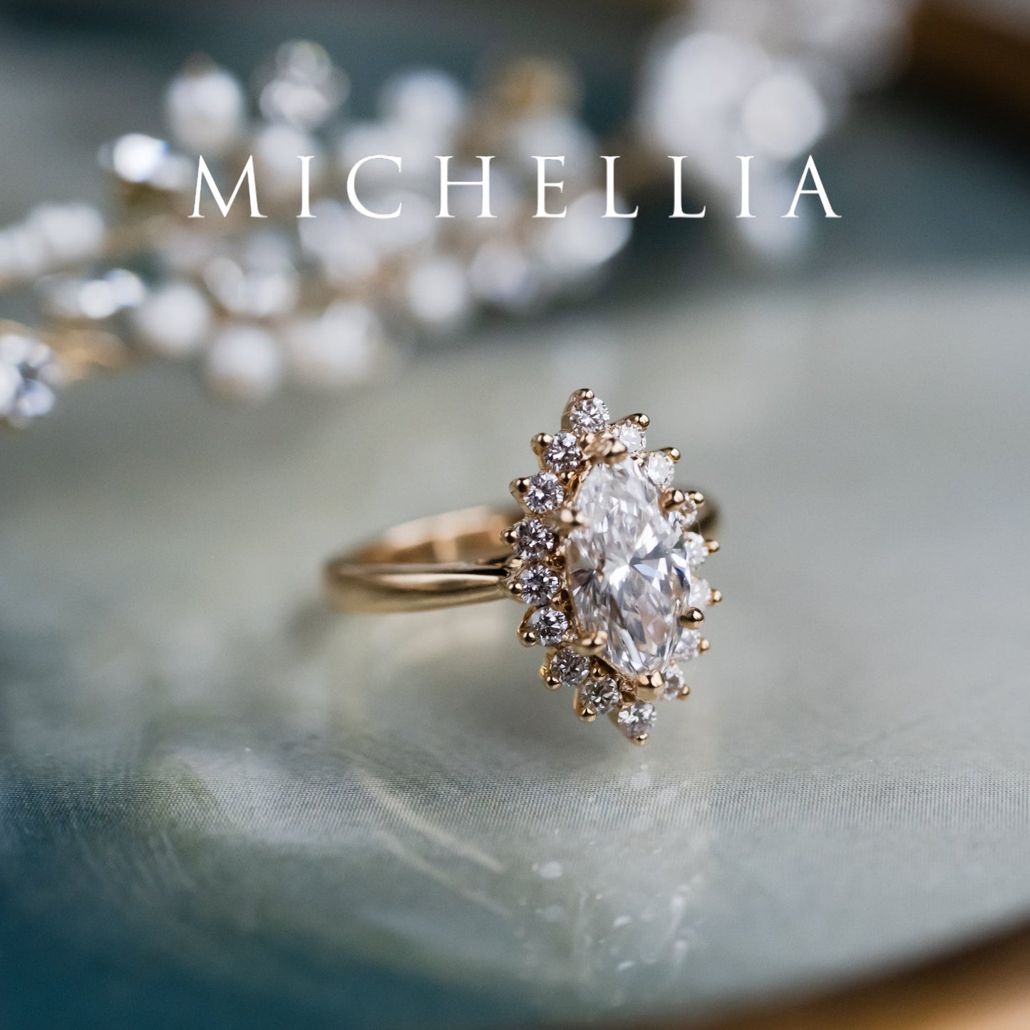 [Helena] Vintage Bloom Halo Marquise Engagement Ring in Diamond / Moissanite