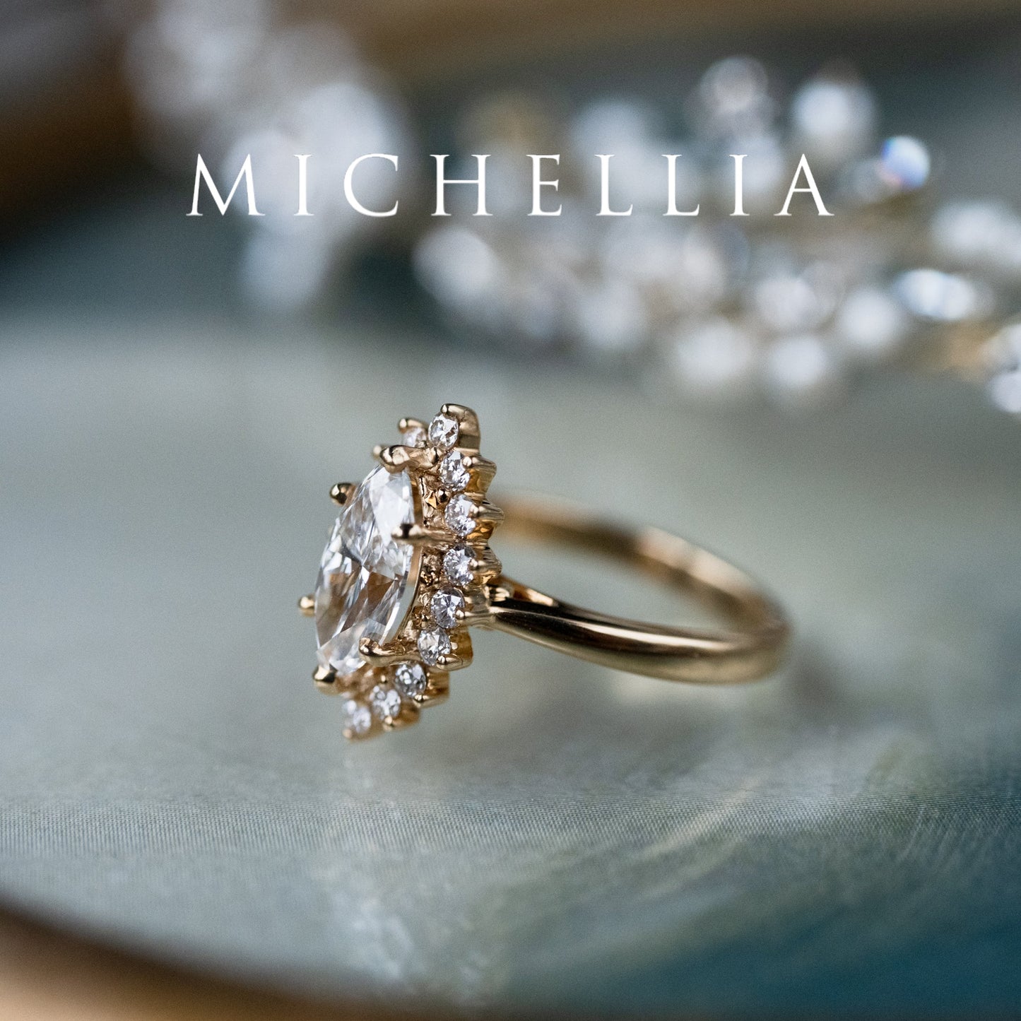 [Helena] Vintage Bloom Halo Marquise Engagement Ring in Diamond / Moissanite