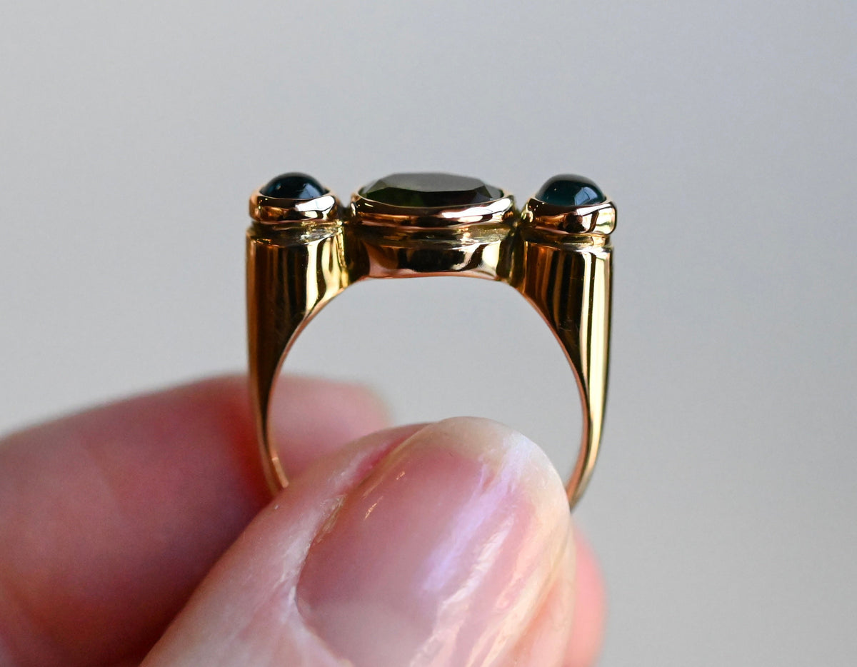 14k Gold Column Triple Gemstone Blue Tourmaline & Peridot Ring - size 6.5 - Ready to ship