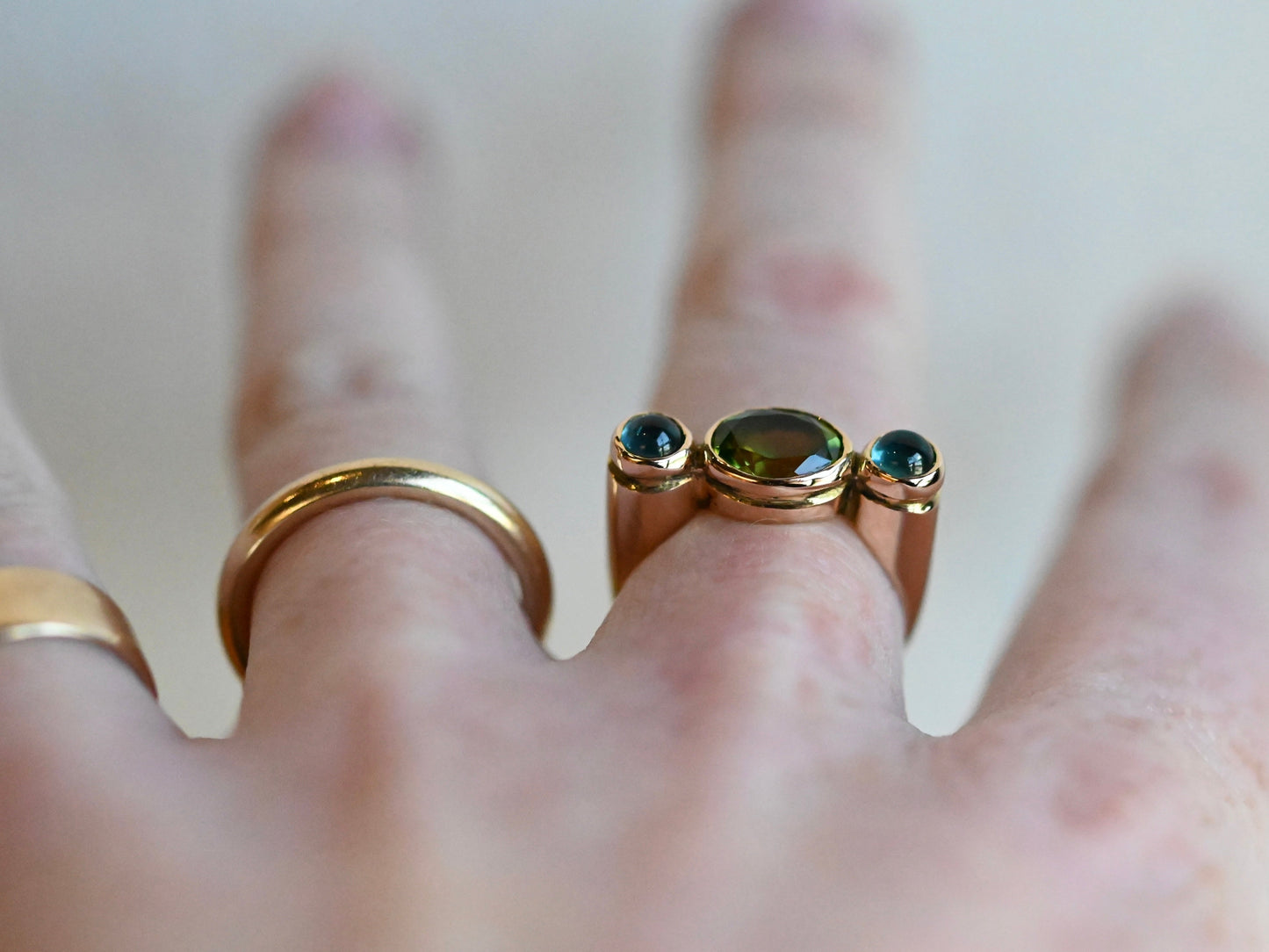 14k Gold Column Triple Gemstone Blue Tourmaline & Peridot Ring - size 6.5 - Ready to ship