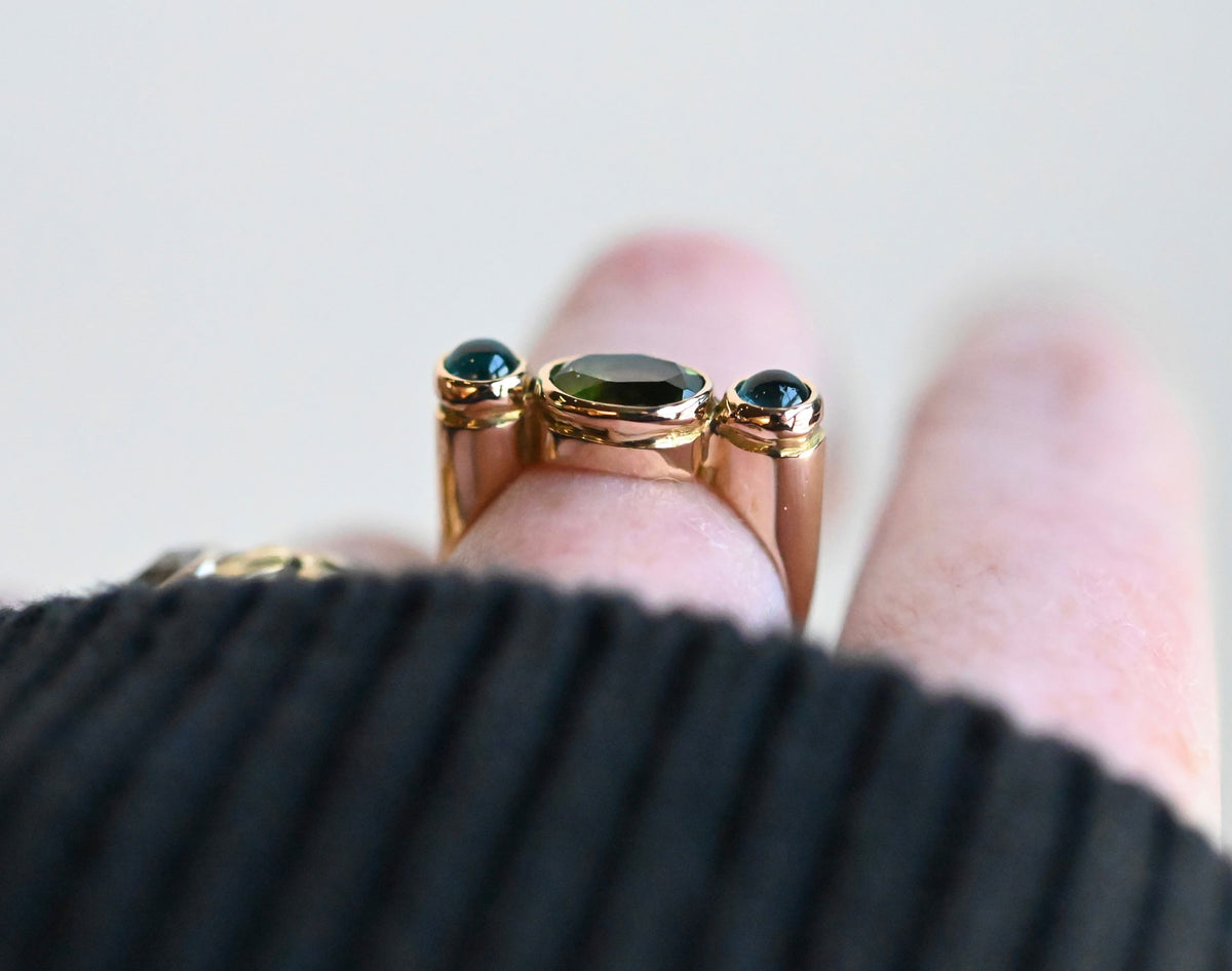 14k Gold Column Triple Gemstone Blue Tourmaline & Peridot Ring - size 6.5 - Ready to ship