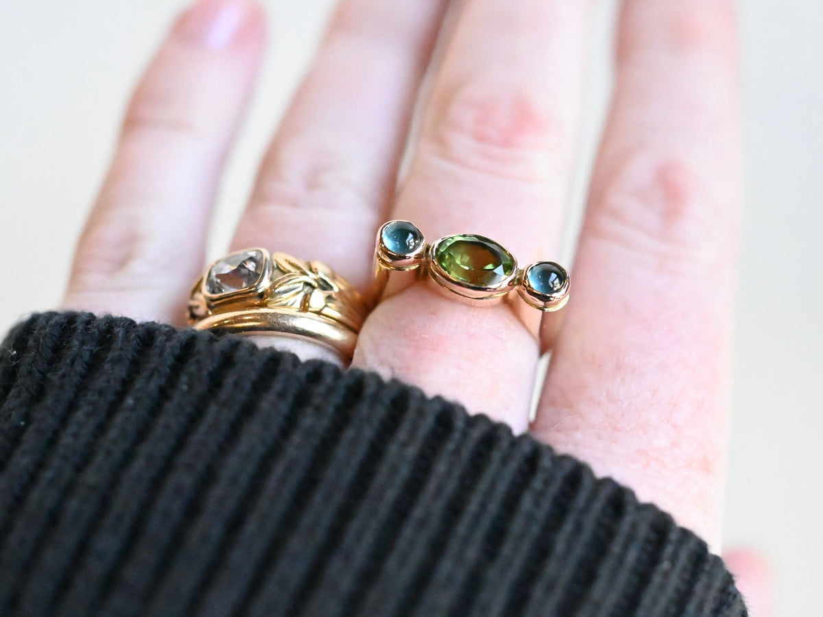 14k Gold Column Triple Gemstone Blue Tourmaline & Peridot Ring - size 6.5 - Ready to ship