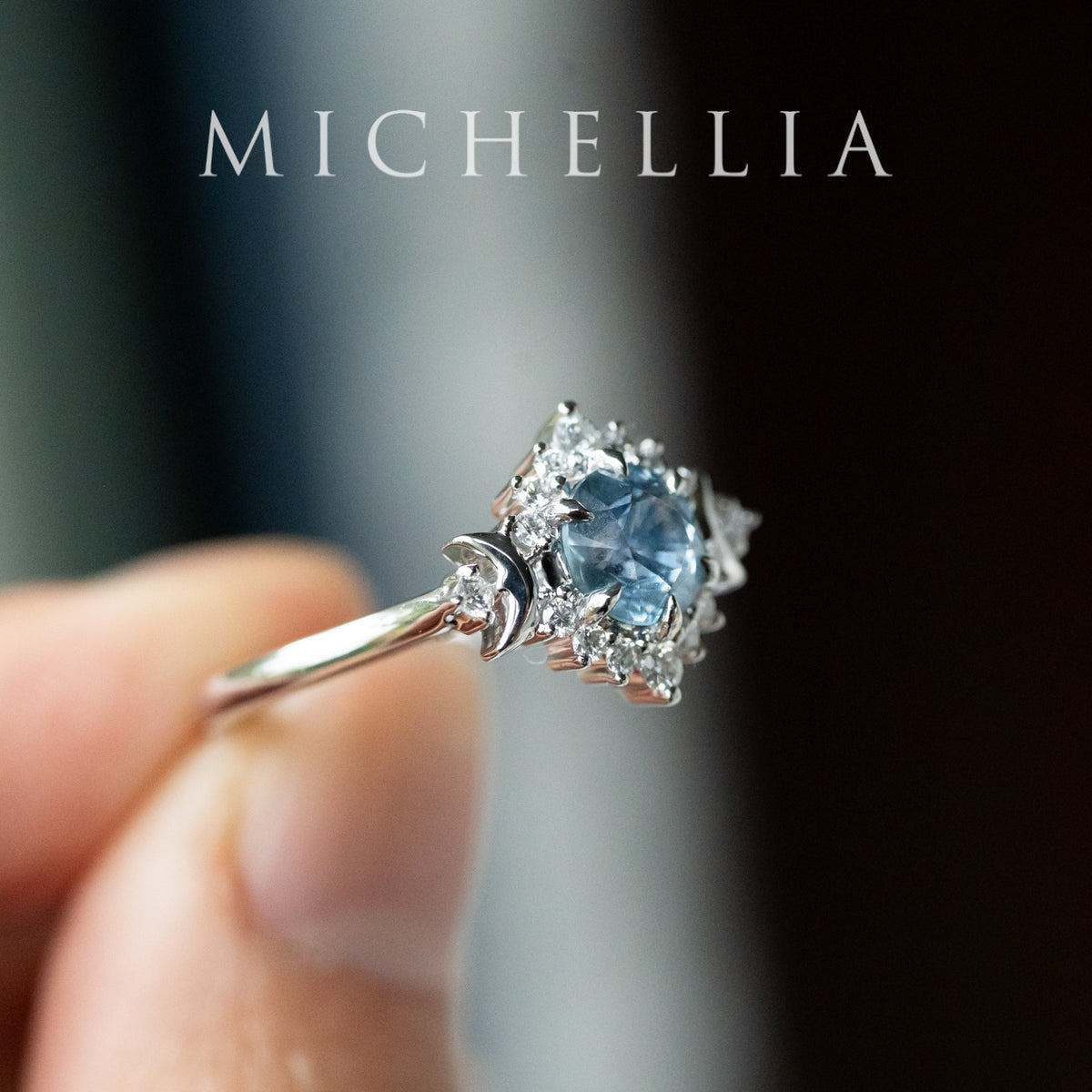 [Selene] Natural Icy Blue Sapphire Moon Goddess Engagement Ring in Platinum, One of A Kind & Ready-to-Ship