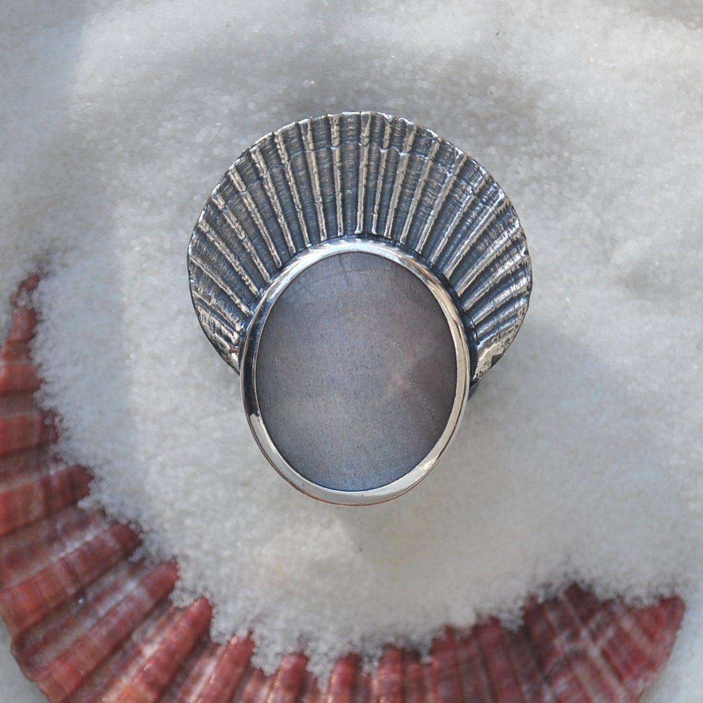Size 9.5, Crown of Shells - Seashell Enamel Moonstone