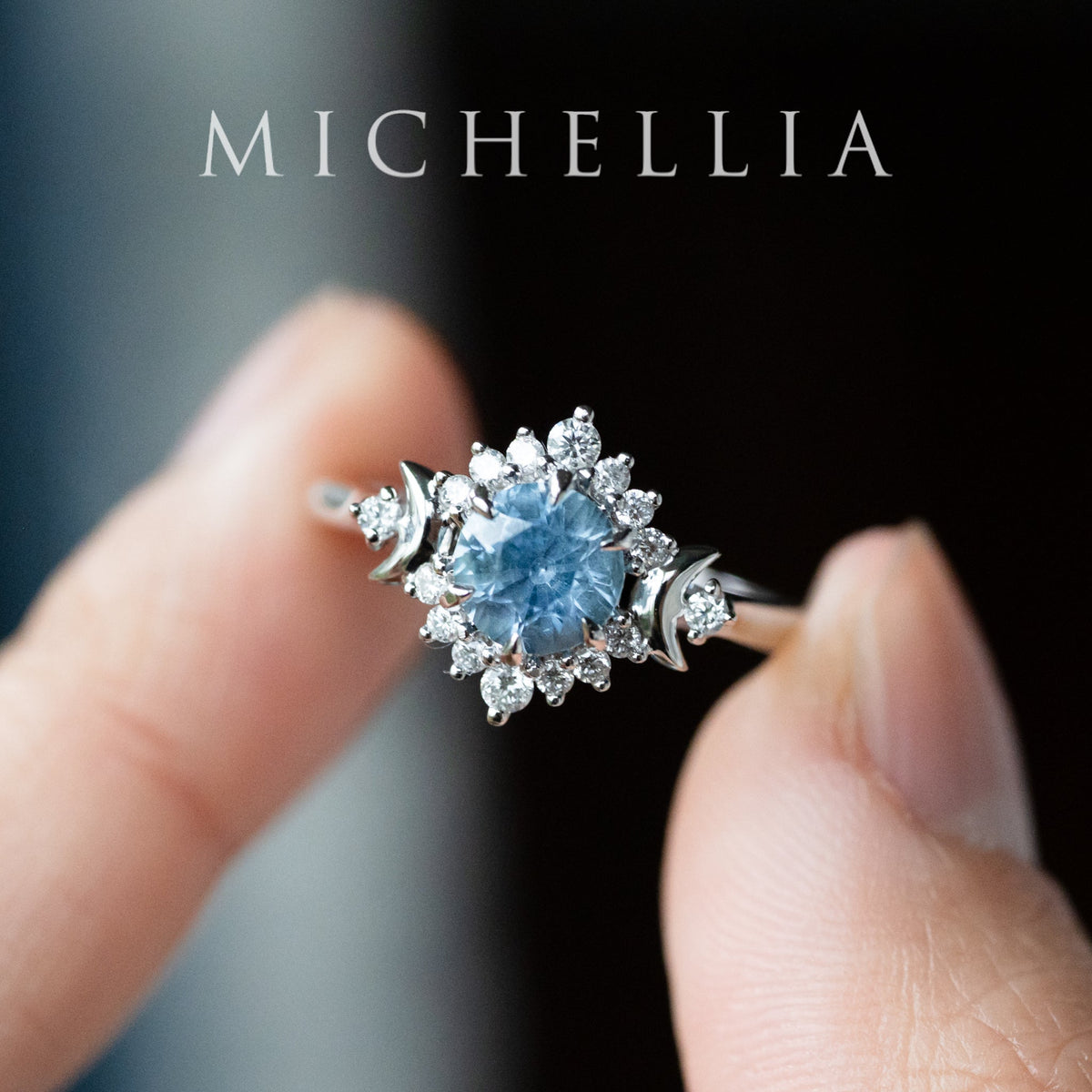 [Selene] Natural Icy Blue Sapphire Moon Goddess Engagement Ring in Platinum, One of A Kind & Ready-to-Ship