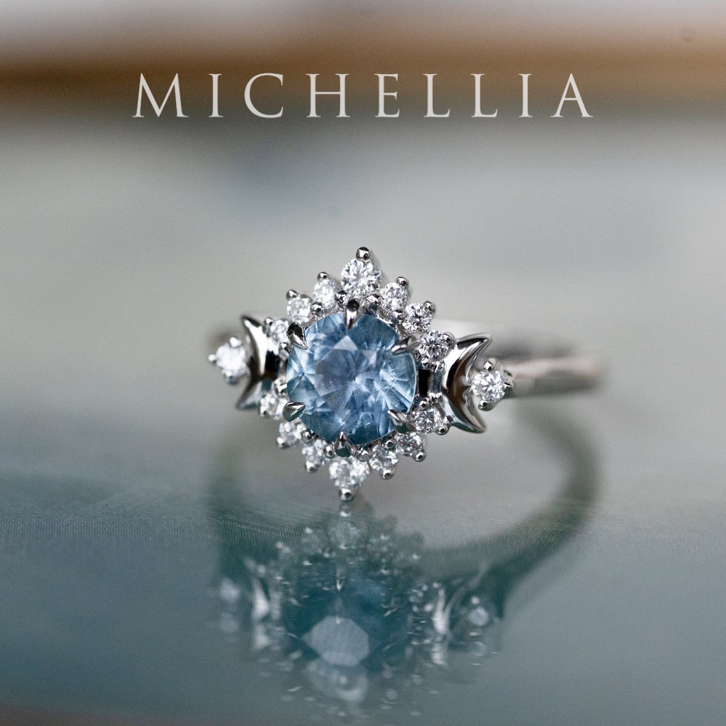 [Selene] Natural Icy Blue Sapphire Moon Goddess Engagement Ring in Platinum, One of A Kind & Ready-to-Ship