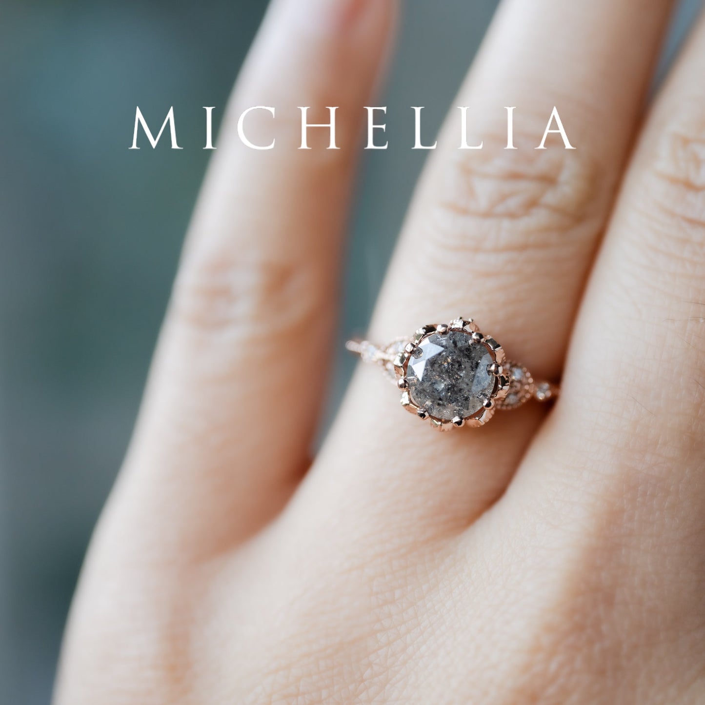 [Evanthe] 1.35 ct Salt & Pepper Diamond Vintage Floral Engagement Ring, One of A Kind & Ready-to-Ship