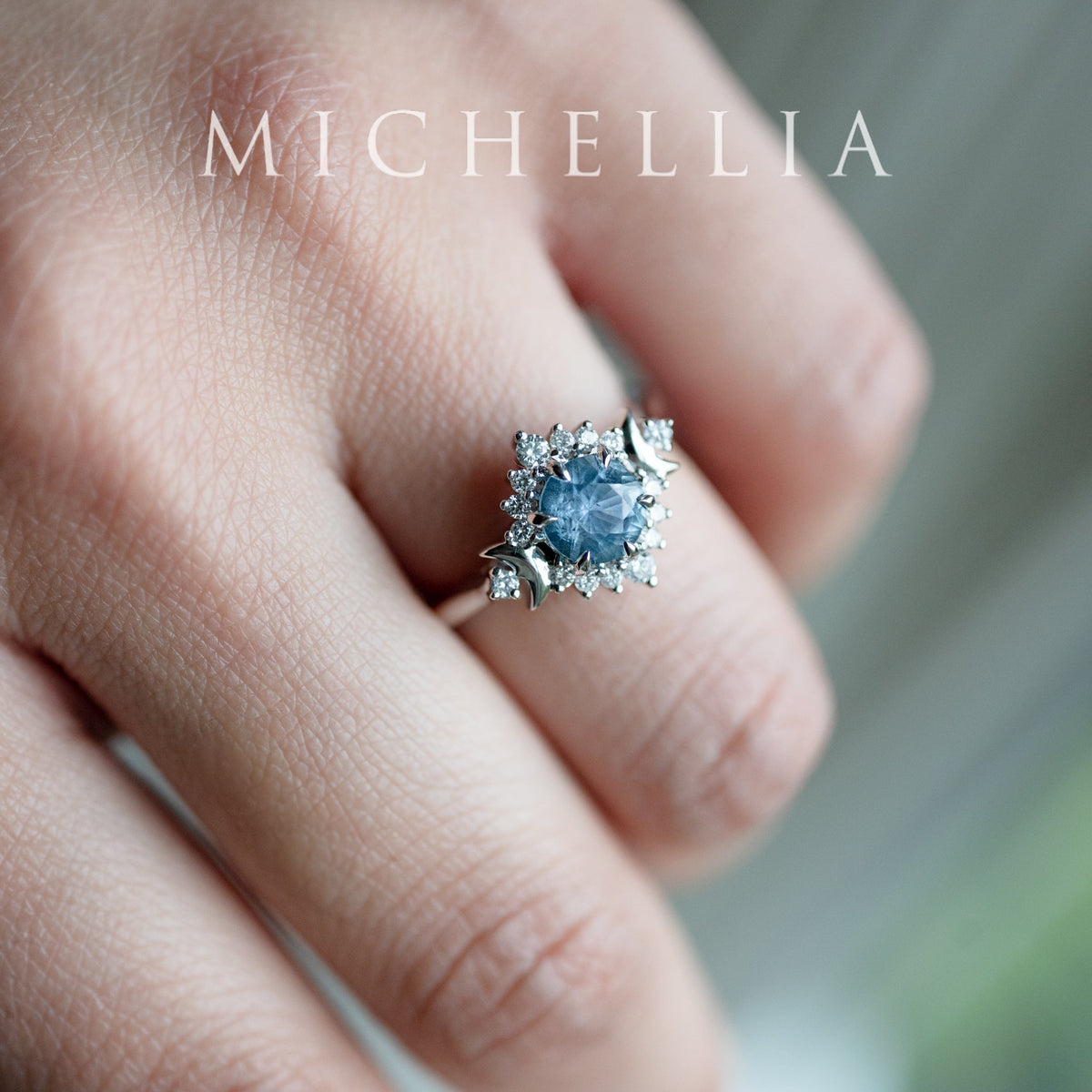 [Selene] Natural Icy Blue Sapphire Moon Goddess Engagement Ring in Platinum, One of A Kind & Ready-to-Ship
