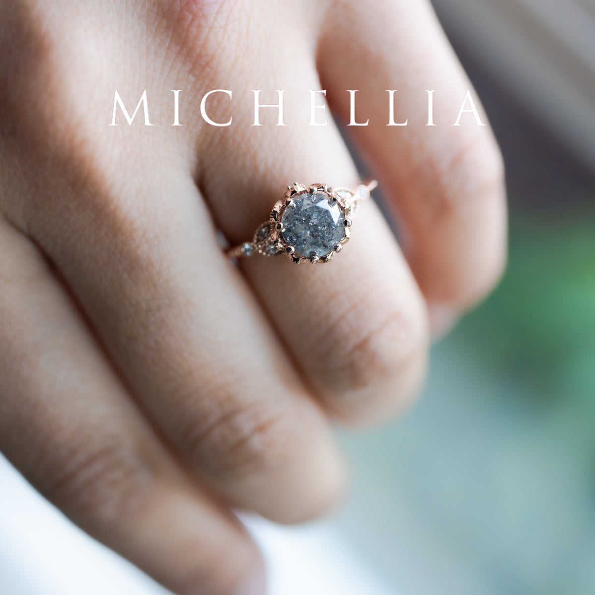 [Evanthe] 1.35 ct Salt & Pepper Diamond Vintage Floral Engagement Ring, One of A Kind & Ready-to-Ship