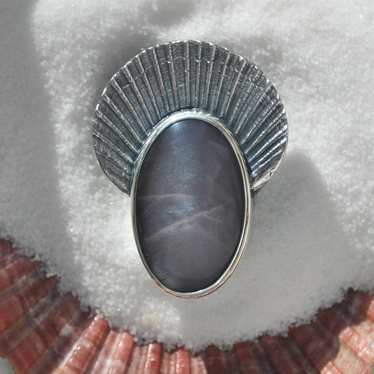 Size 6.5 - Crown of Shells - Dark Purple Seashel Enamel Moonstone