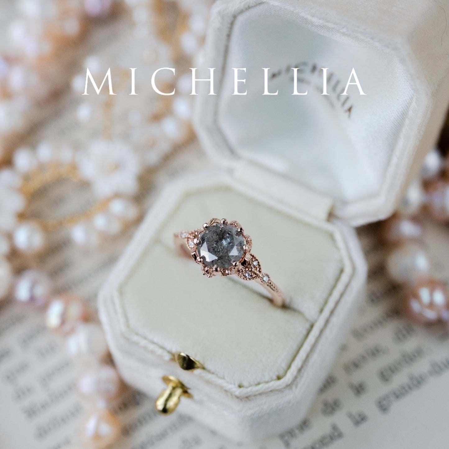 [Evanthe] 1.35 ct Salt & Pepper Diamond Vintage Floral Engagement Ring, One of A Kind & Ready-to-Ship