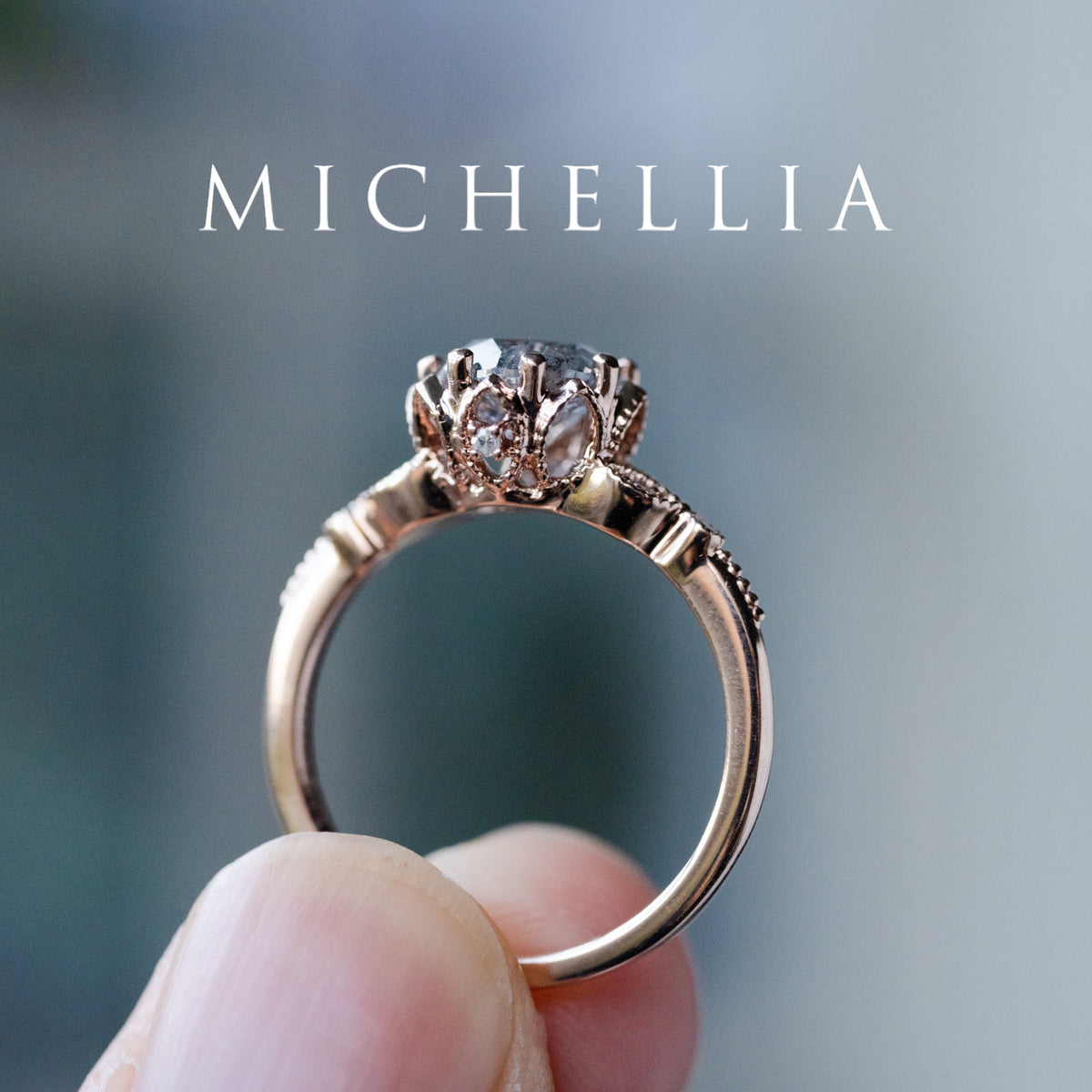 [Evanthe] 1.35 ct Salt & Pepper Diamond Vintage Floral Engagement Ring, One of A Kind & Ready-to-Ship