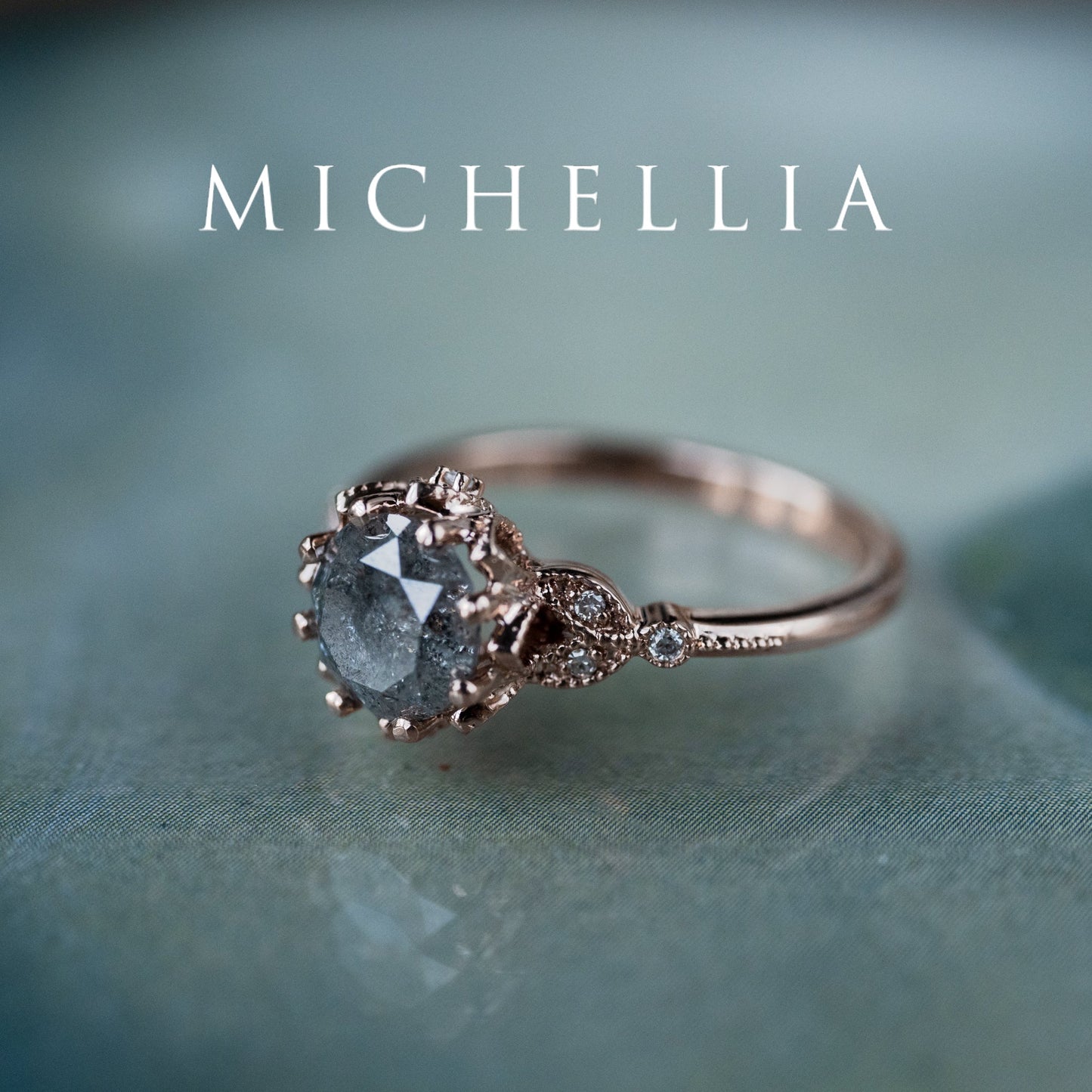 [Evanthe] 1.35 ct Salt & Pepper Diamond Vintage Floral Engagement Ring, One of A Kind & Ready-to-Ship