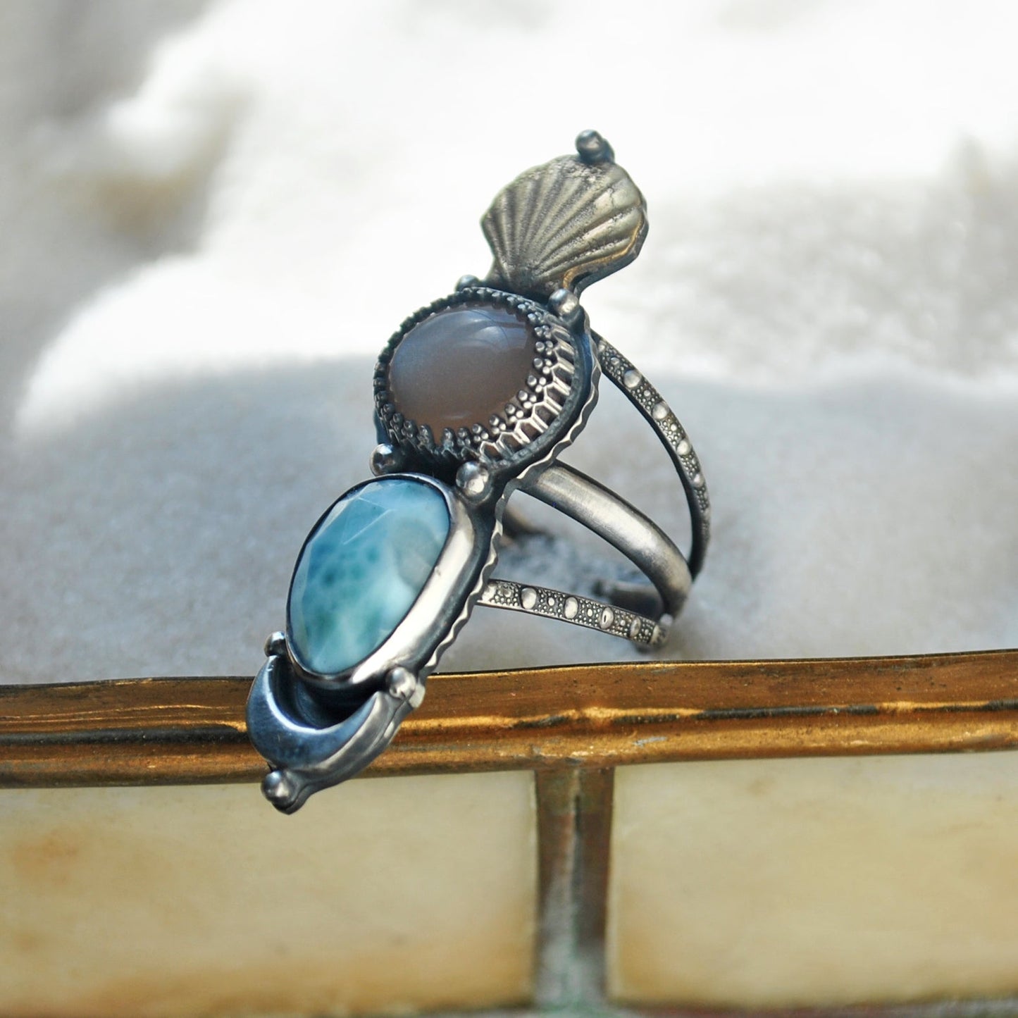 Size 6.75 - (can be stretched to a 7 at request), Moonstone & Larimar