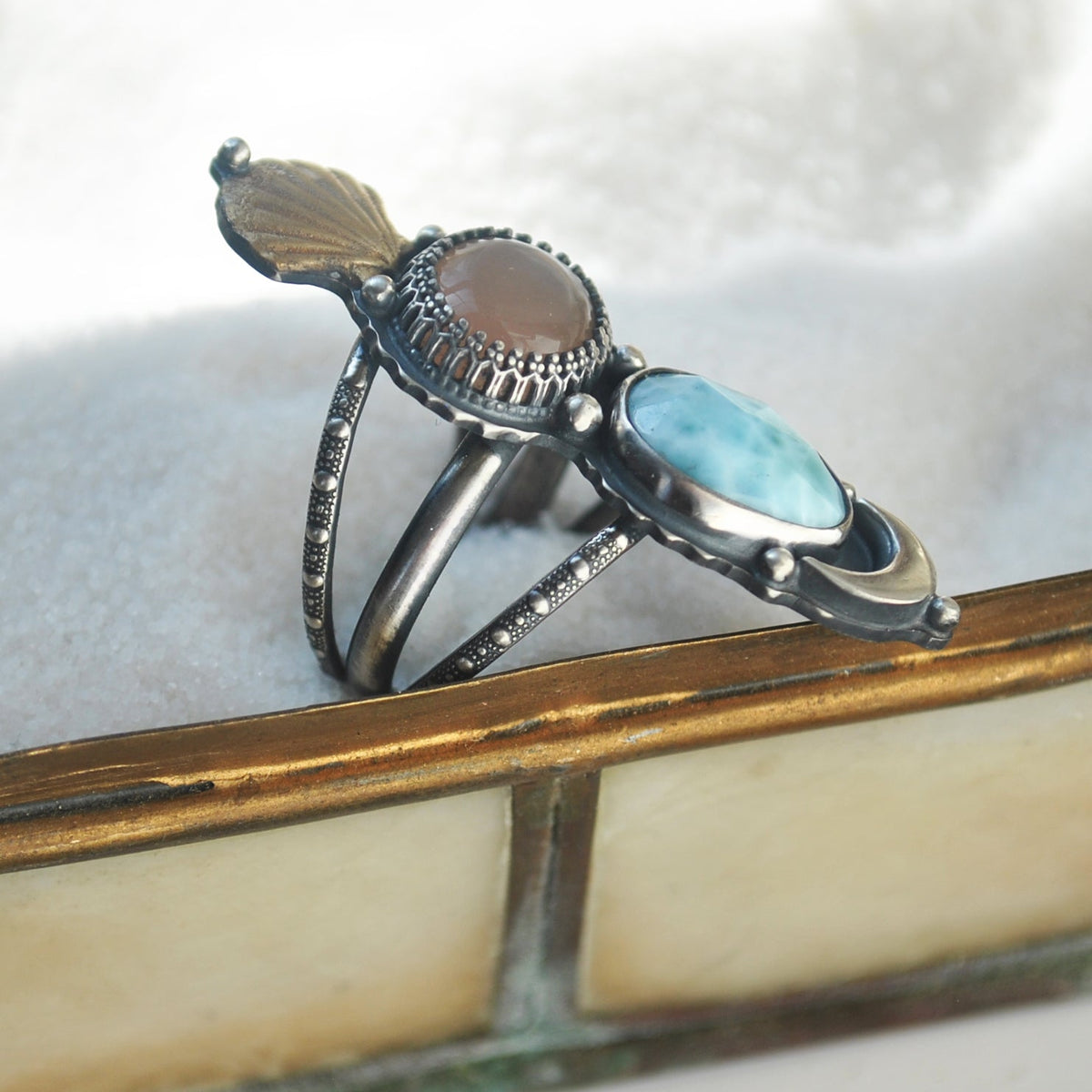 Size 6.75 - (can be stretched to a 7 at request), Moonstone & Larimar