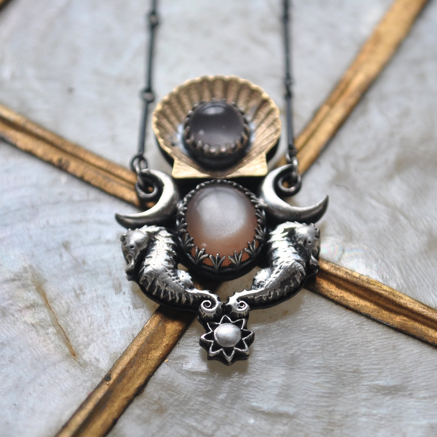 Royal Seahorse Necklace, Moonstone & Rose Quartz