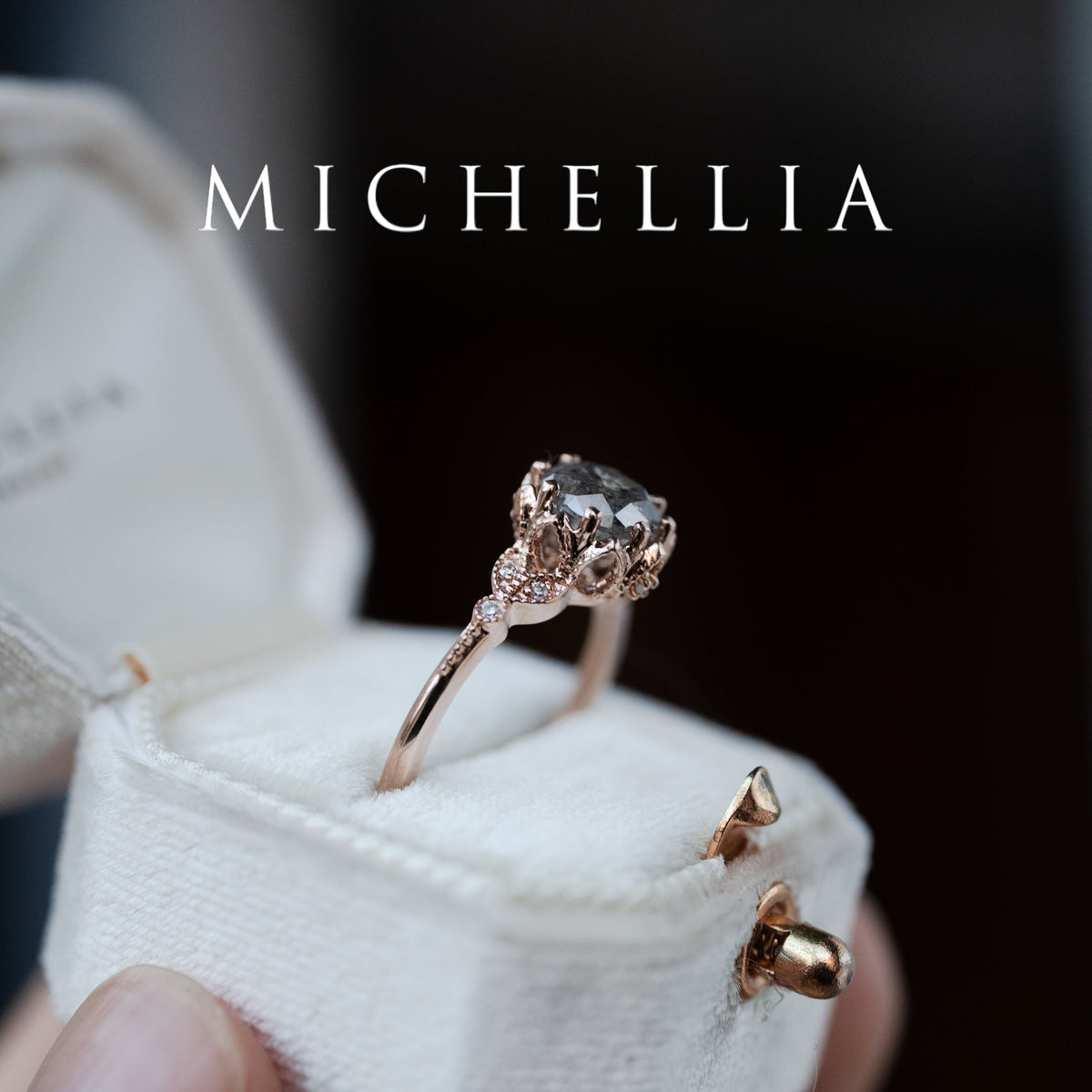 [Evanthe] 1.35 ct Salt & Pepper Diamond Vintage Floral Engagement Ring, One of A Kind & Ready-to-Ship