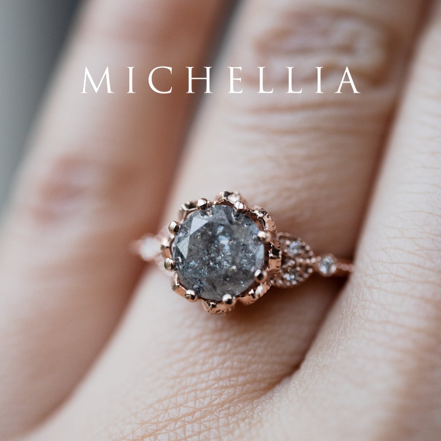 [Evanthe] 1.35 ct Salt & Pepper Diamond Vintage Floral Engagement Ring, One of A Kind & Ready-to-Ship