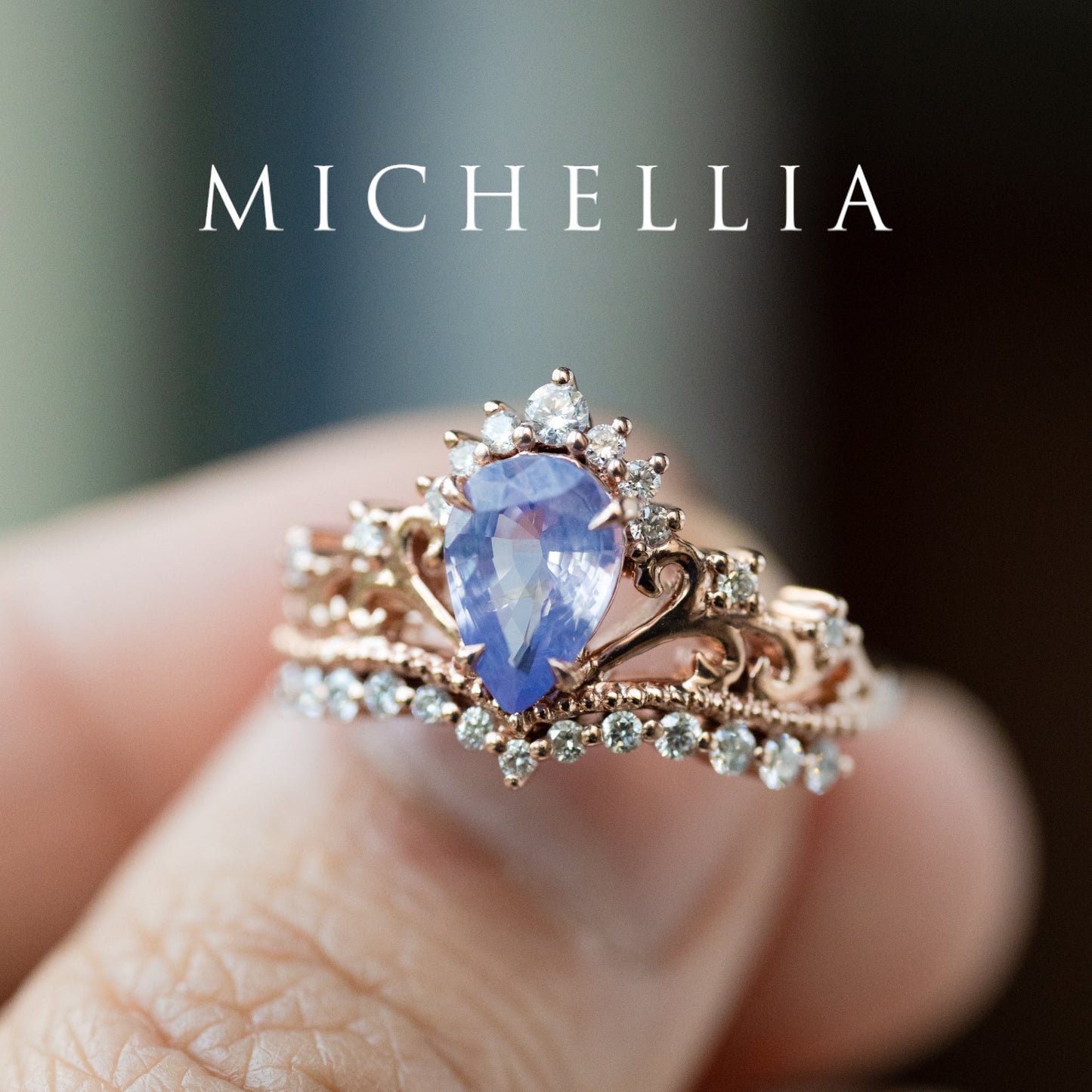 [Reina] Opalescent Lavender Sapphire Woodland Fairy Engagement Ring Set, 14K Rose Gold, One-of-a-Kind & Ready-to-Ship