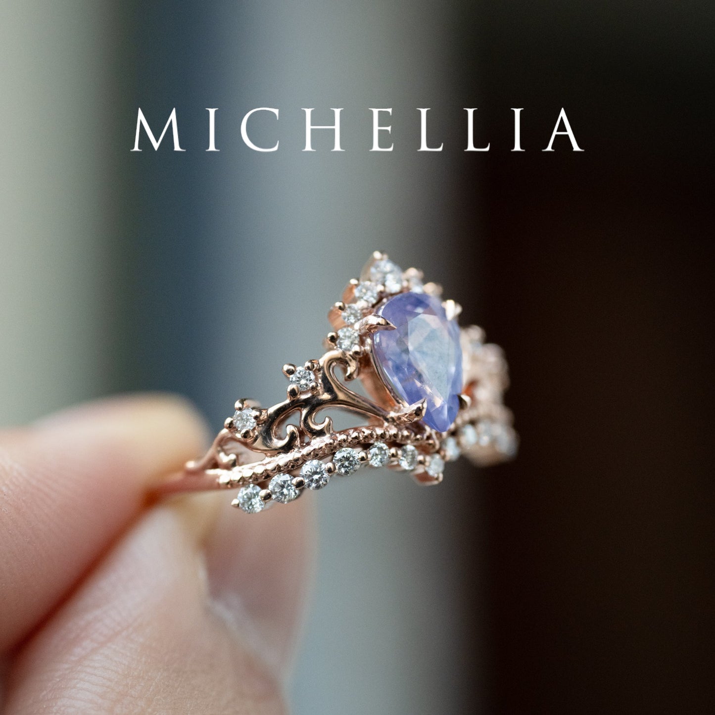 [Reina] Opalescent Lavender Sapphire Woodland Fairy Engagement Ring Set, 14K Rose Gold, One-of-a-Kind & Ready-to-Ship