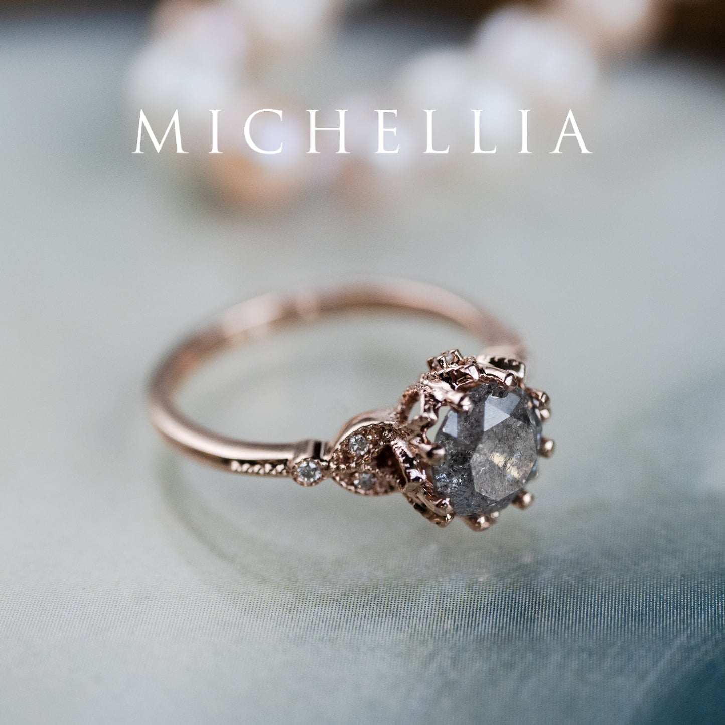 [Evanthe] 1.35 ct Salt & Pepper Diamond Vintage Floral Engagement Ring, One of A Kind & Ready-to-Ship