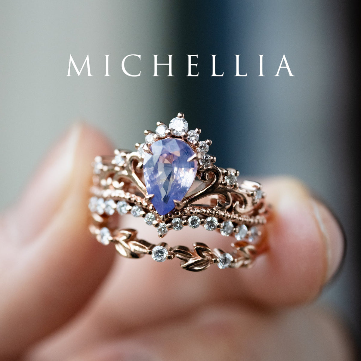 [Reina] Opalescent Lavender Sapphire Woodland Fairy Engagement Ring Set, 14K Rose Gold, One-of-a-Kind & Ready-to-Ship