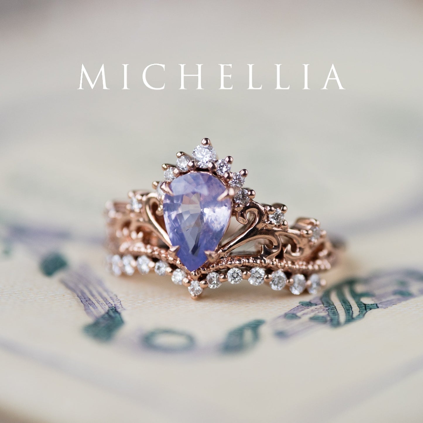 [Reina] Opalescent Lavender Sapphire Woodland Fairy Engagement Ring Set, 14K Rose Gold, One-of-a-Kind & Ready-to-Ship