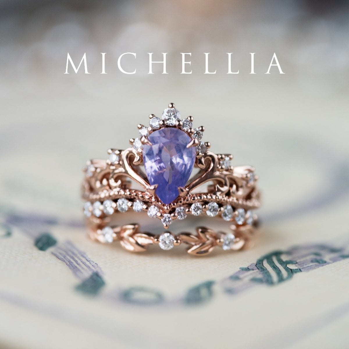 [Reina] Opalescent Lavender Sapphire Woodland Fairy Engagement Ring Set, 14K Rose Gold, One-of-a-Kind & Ready-to-Ship
