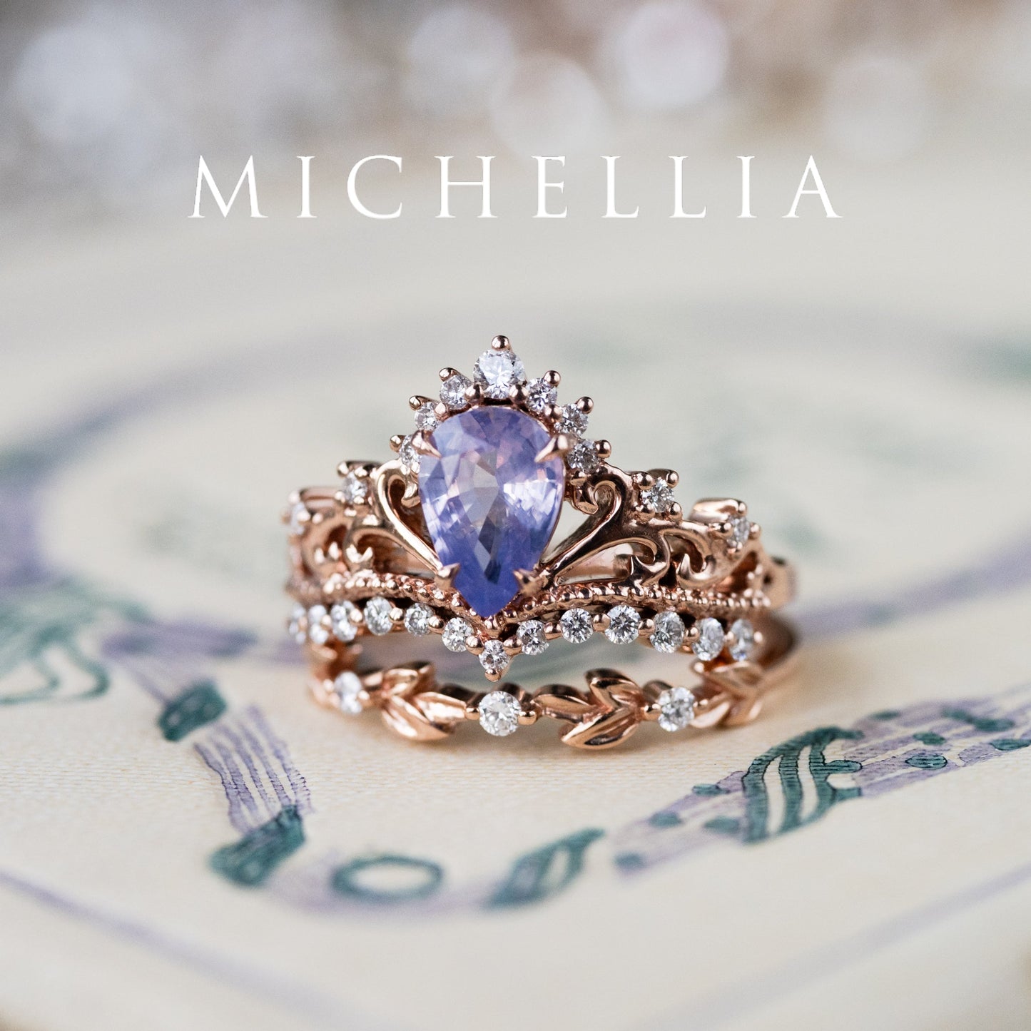[Reina] Opalescent Lavender Sapphire Woodland Fairy Engagement Ring Set, 14K Rose Gold, One-of-a-Kind & Ready-to-Ship