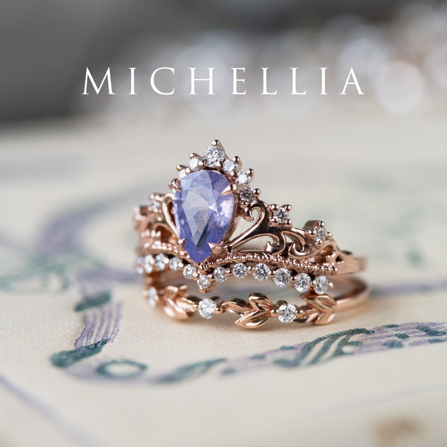 [Reina] Opalescent Lavender Sapphire Woodland Fairy Engagement Ring Set, 14K Rose Gold, One-of-a-Kind & Ready-to-Ship