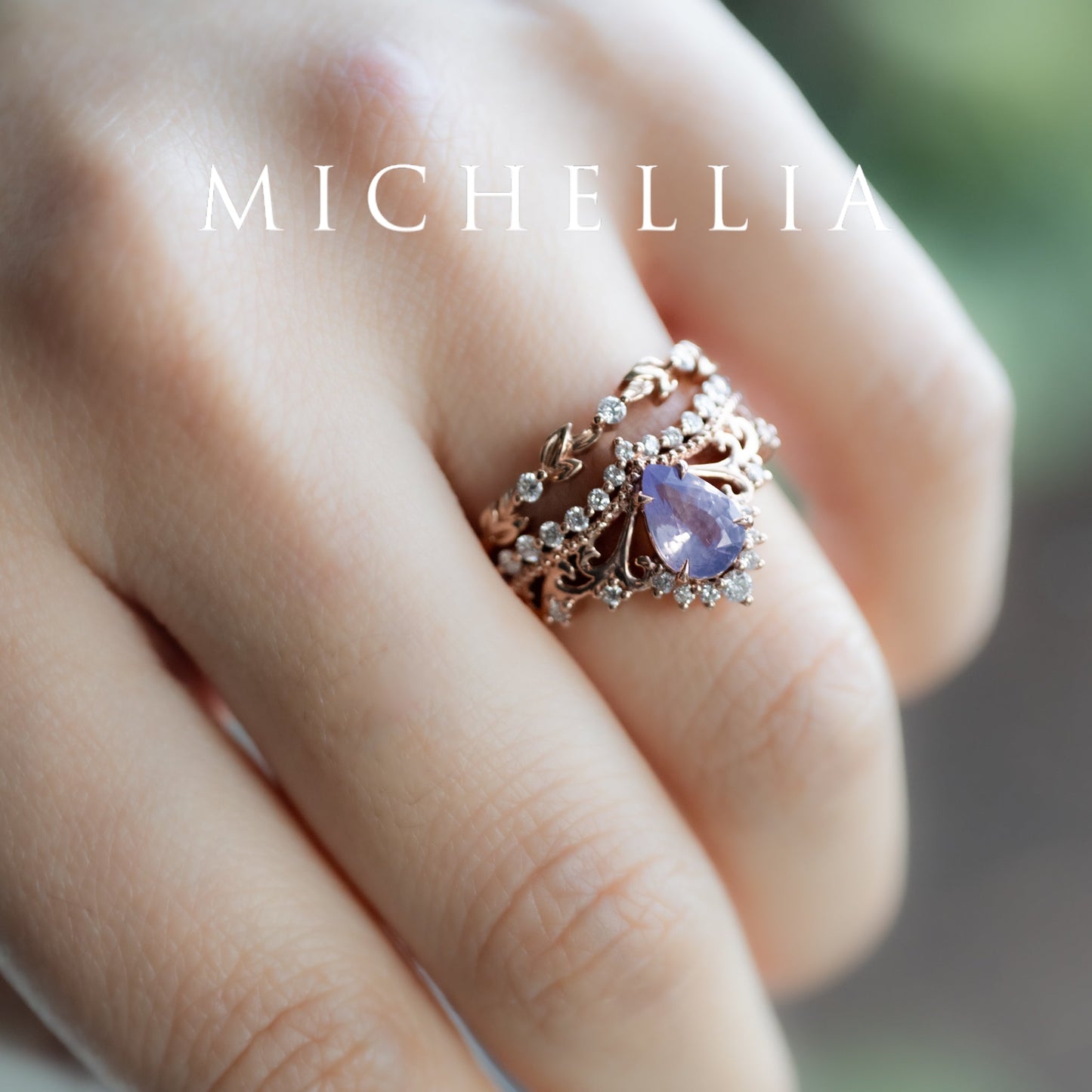 [Reina] Opalescent Lavender Sapphire Woodland Fairy Engagement Ring Set, 14K Rose Gold, One-of-a-Kind & Ready-to-Ship